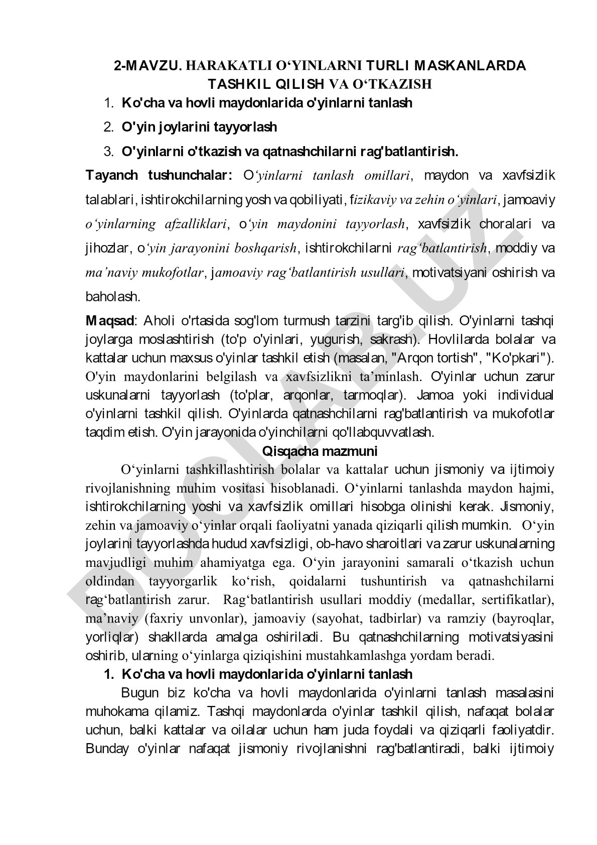 Harakatli o'yinlarni turli maskanlarda tashkil qilish va o'tkazish