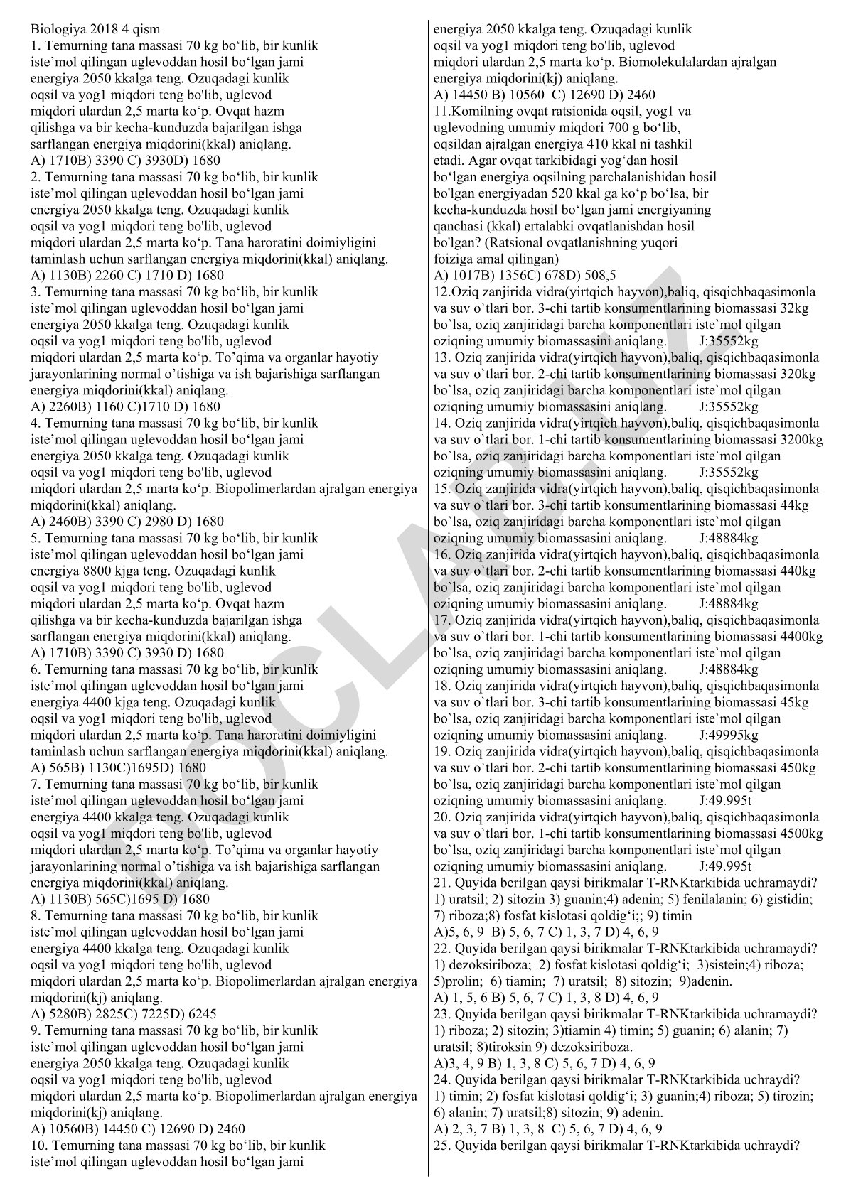 Biologiya fanidan energiya sarfi masalalari