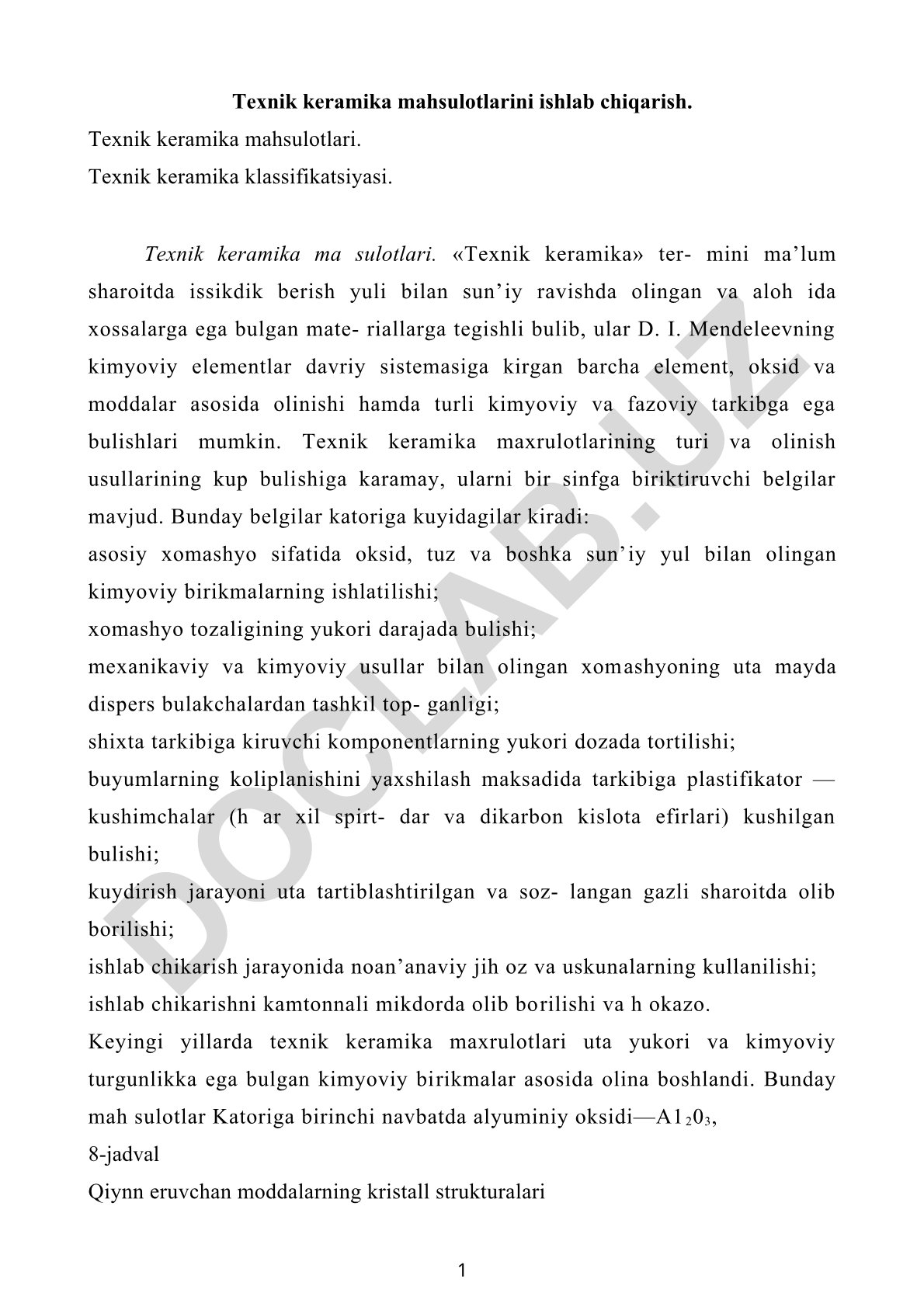 Texnik keramika mahsulotlarini ishlab chiqarish va xususiyatlari