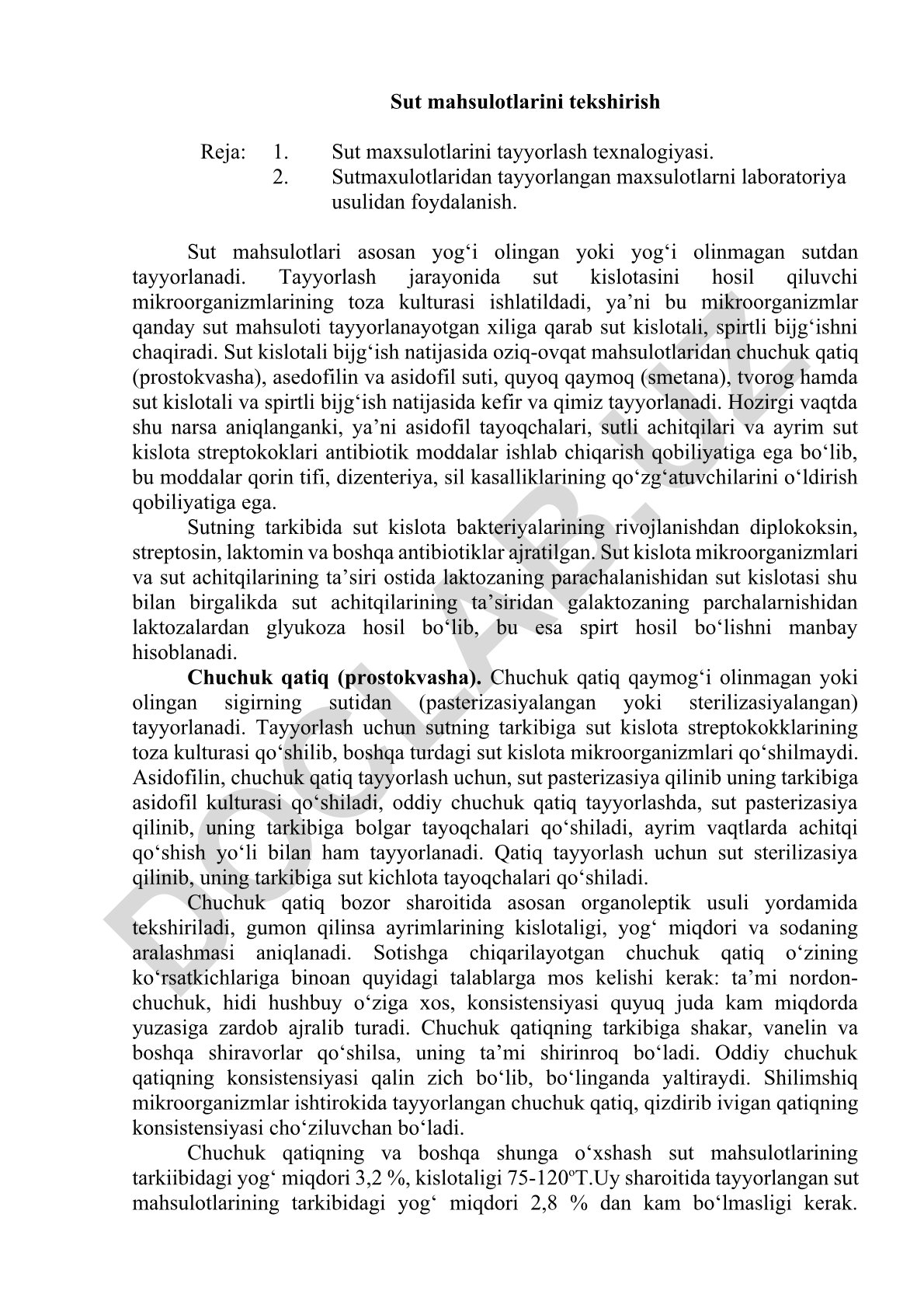 Sut mahsulotlarini tekshirish va tayyorlash texnologiyasi
