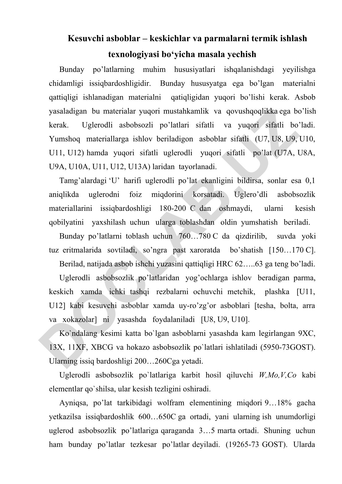 Kesuvchi asboblar termik ishlash texnologiyasi