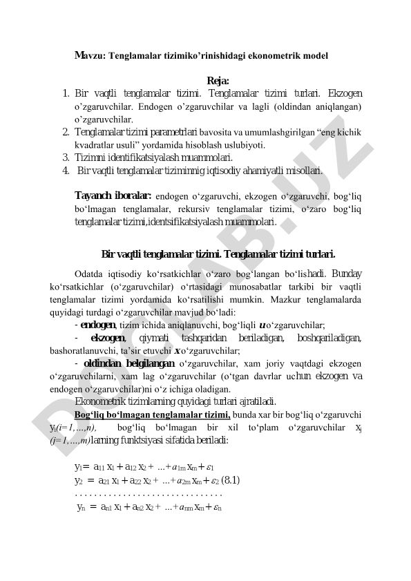 Tenglamalar tizimi ko'rinishidagi ekonometrik model