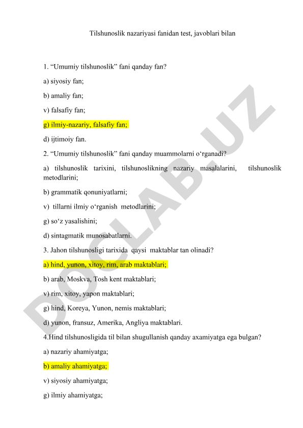 Tilshunoslik nazariyasi fanidan test savollari va javoblari