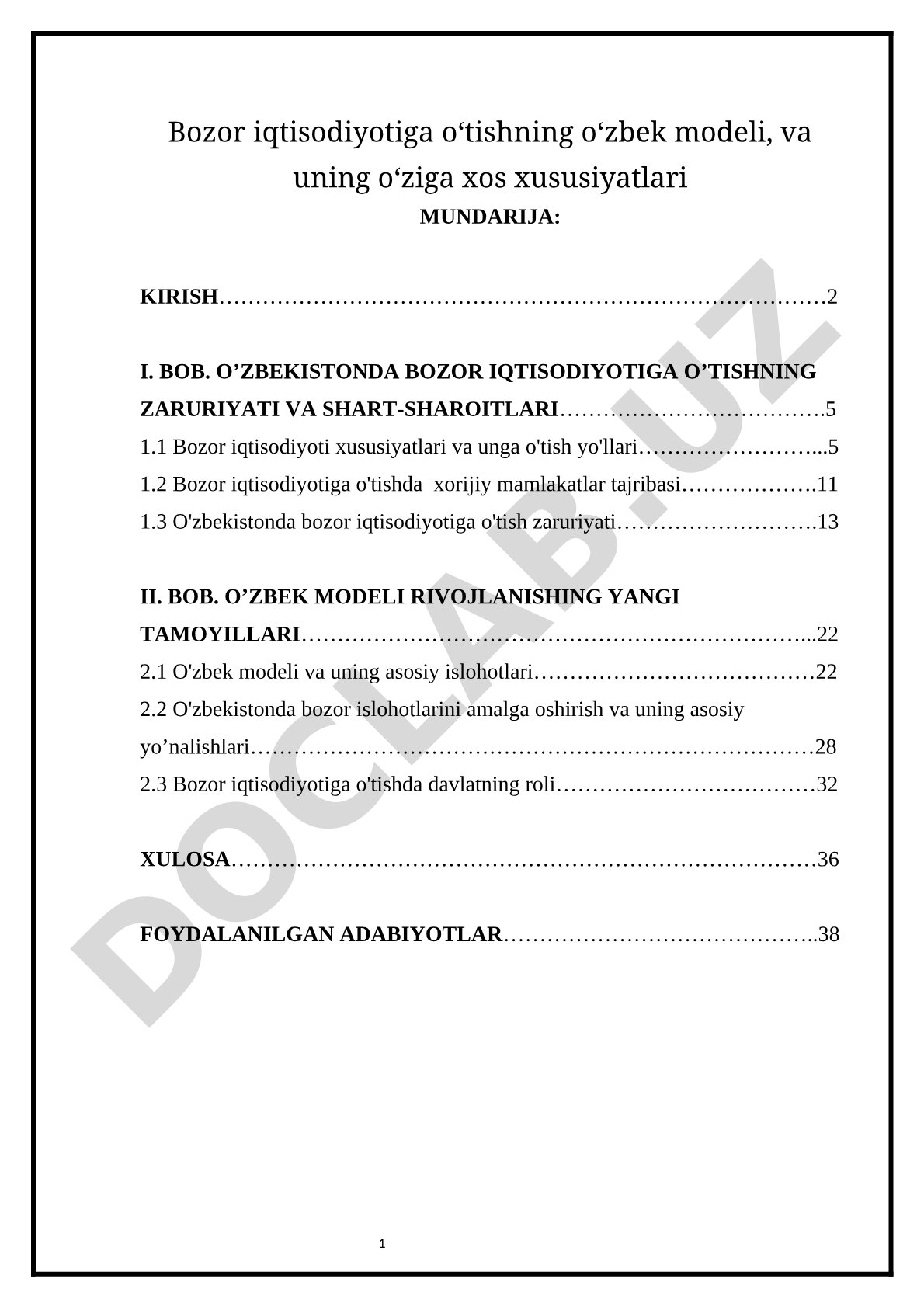 Bozor iqtisodiyotiga o'tishning o'zbek modeli va uning o'ziga xos xususiyatlari