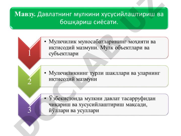 Мулькчилик шакллари ва давлат мулкини хусусийлаштириш усуллари