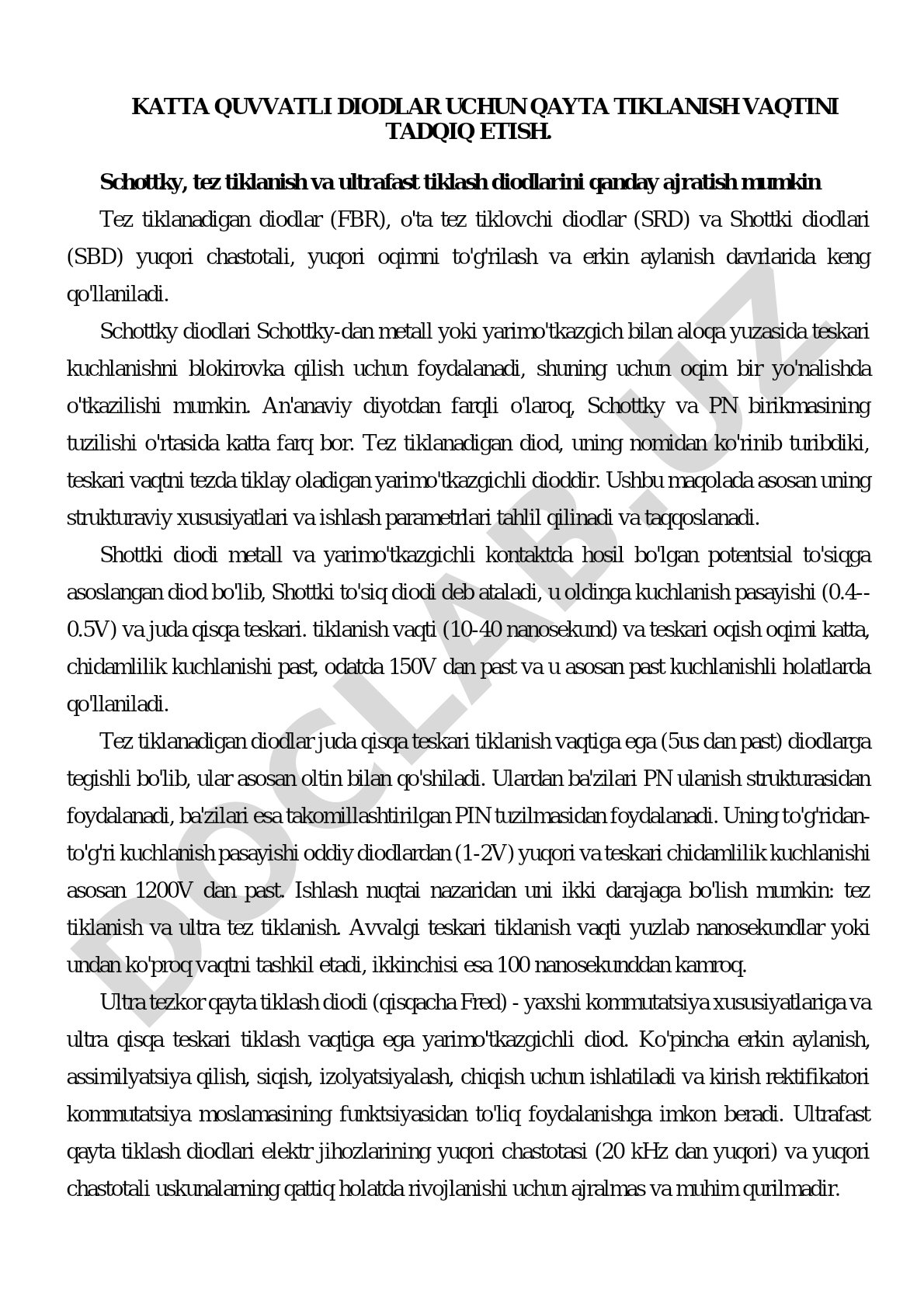 Katta quvvatli diodlar uchun qayta tiklash vaqtini tadqiq etish