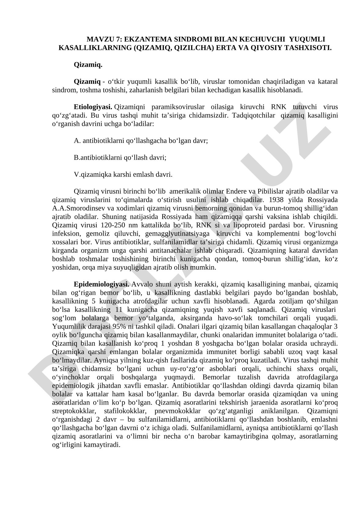 Ekzantema sindromi bilan kechuvchi yuqumli kasalliklarning (qizamiq, qizilcha) erta va qiyosiy tashxisoti