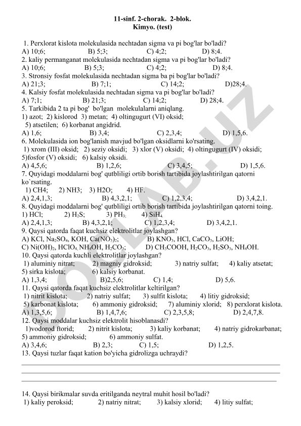 Kimyo fanidan sigma va pi bog'lar, ion bog'lanish va bog' qutbliligi test savollari