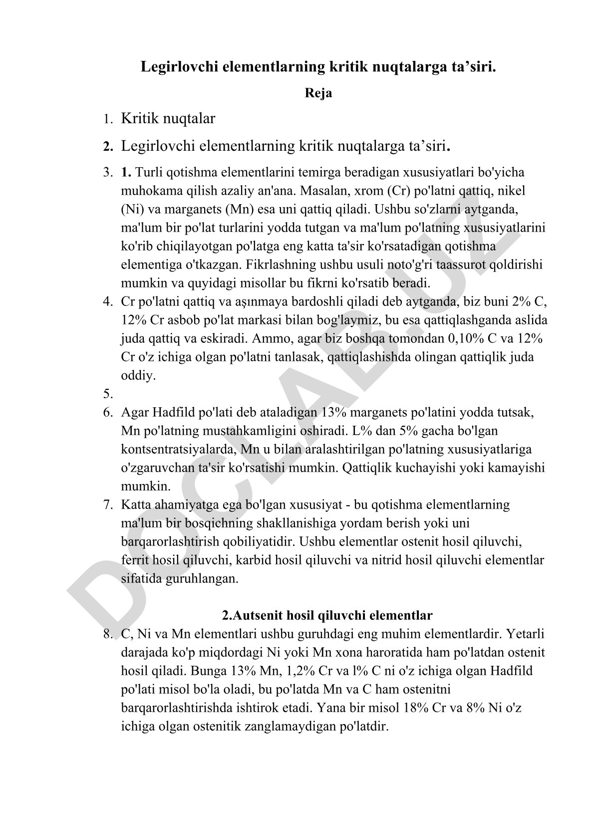 Legirlovchi elementlarning kritik nuqtalarga ta'siri