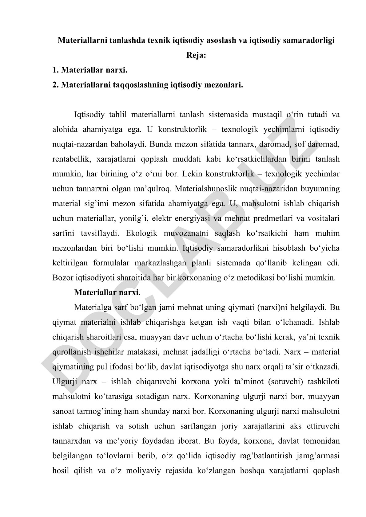 Materiallarni tanlashda texnik iqtisodiy asoslash va iqtisodiy samaradorligi