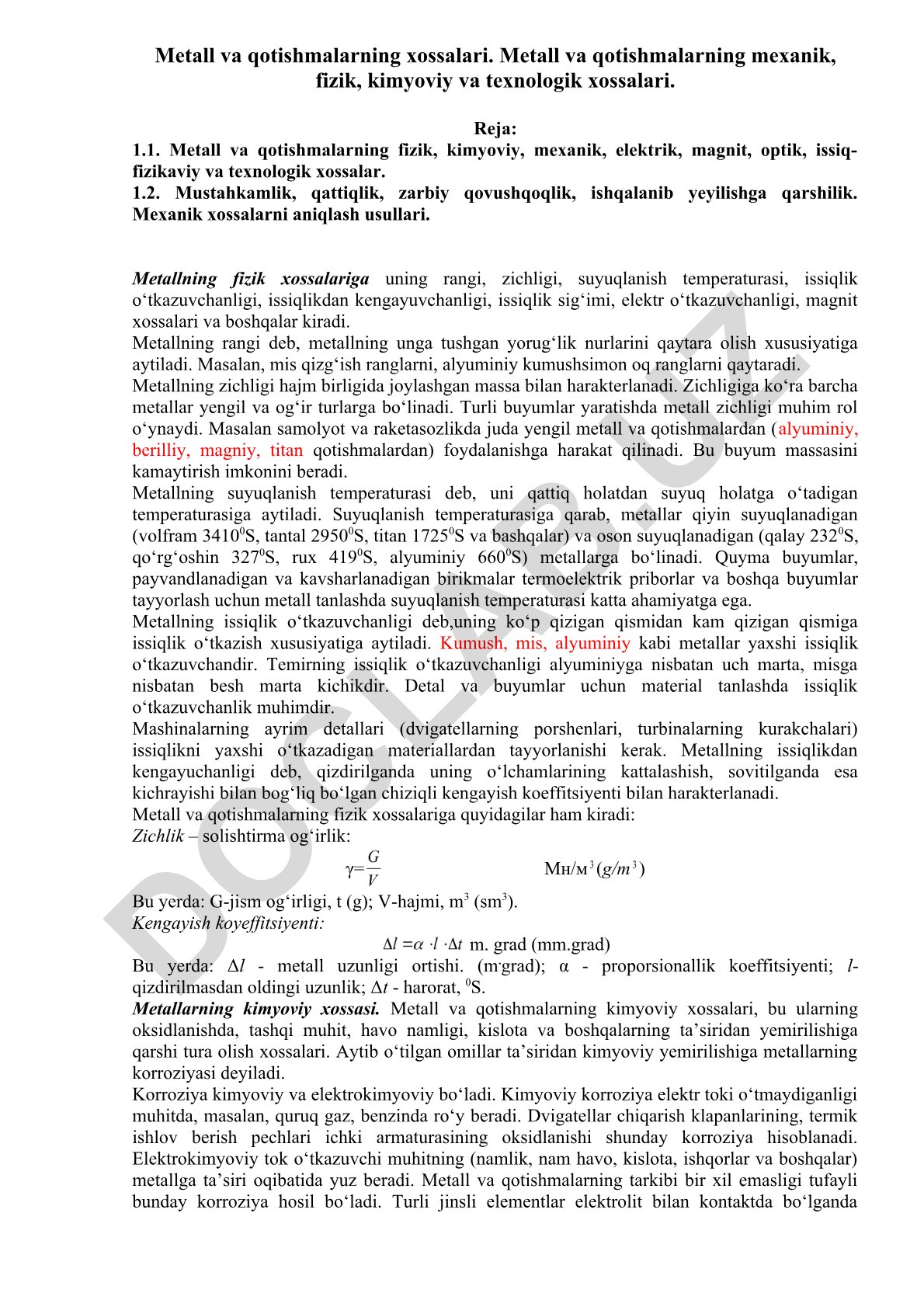 Metall va qotishmalarning xossalari