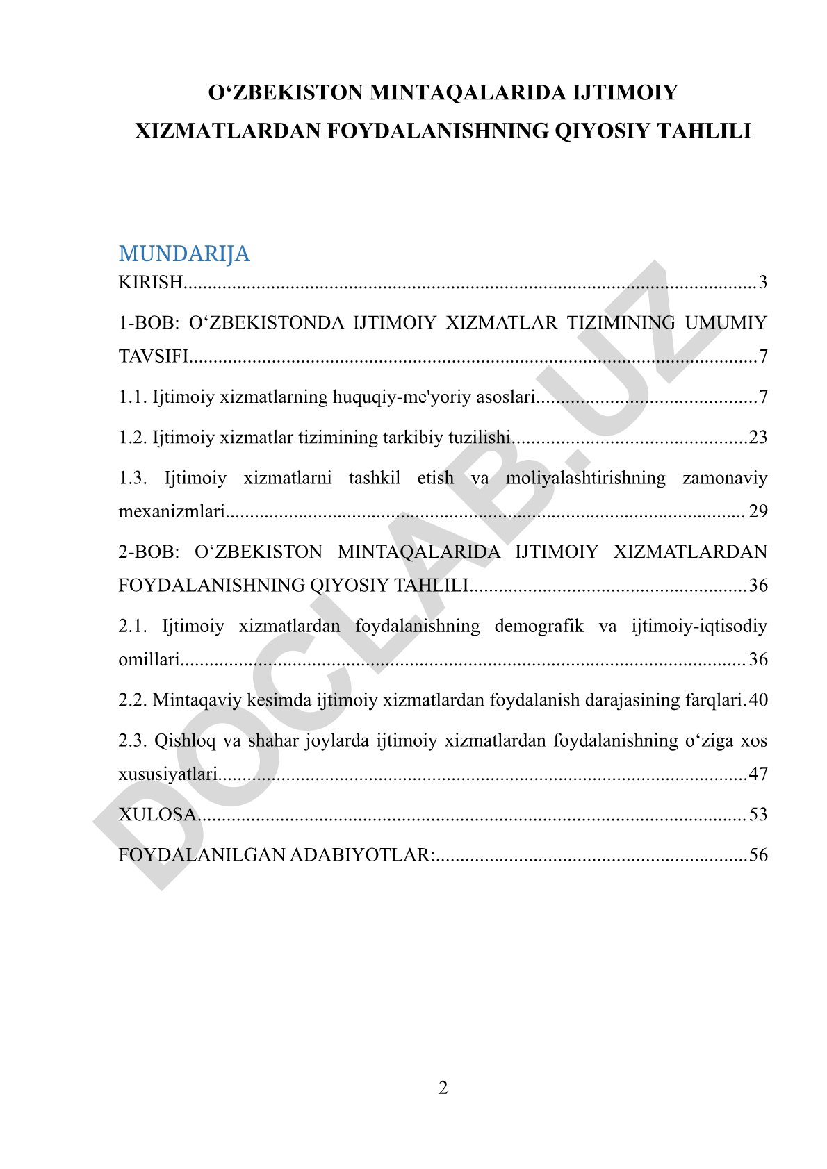 O‘zbekiston mintaqalarida ijtimoiy xizmatlardan foydalanishning qiyosiy tahlili