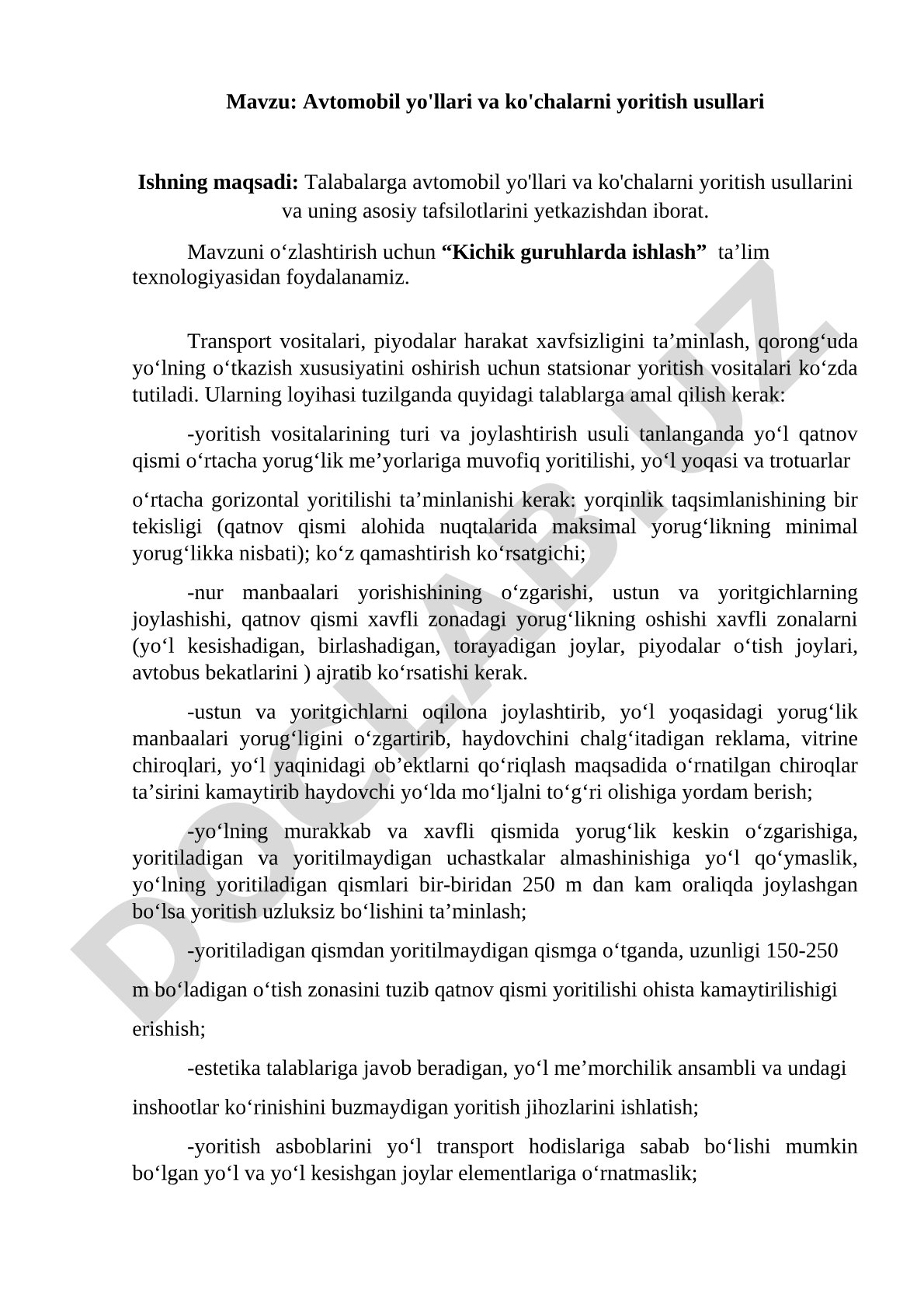 Avtomobil yo'llari va ko'chalarni yoritish usullari