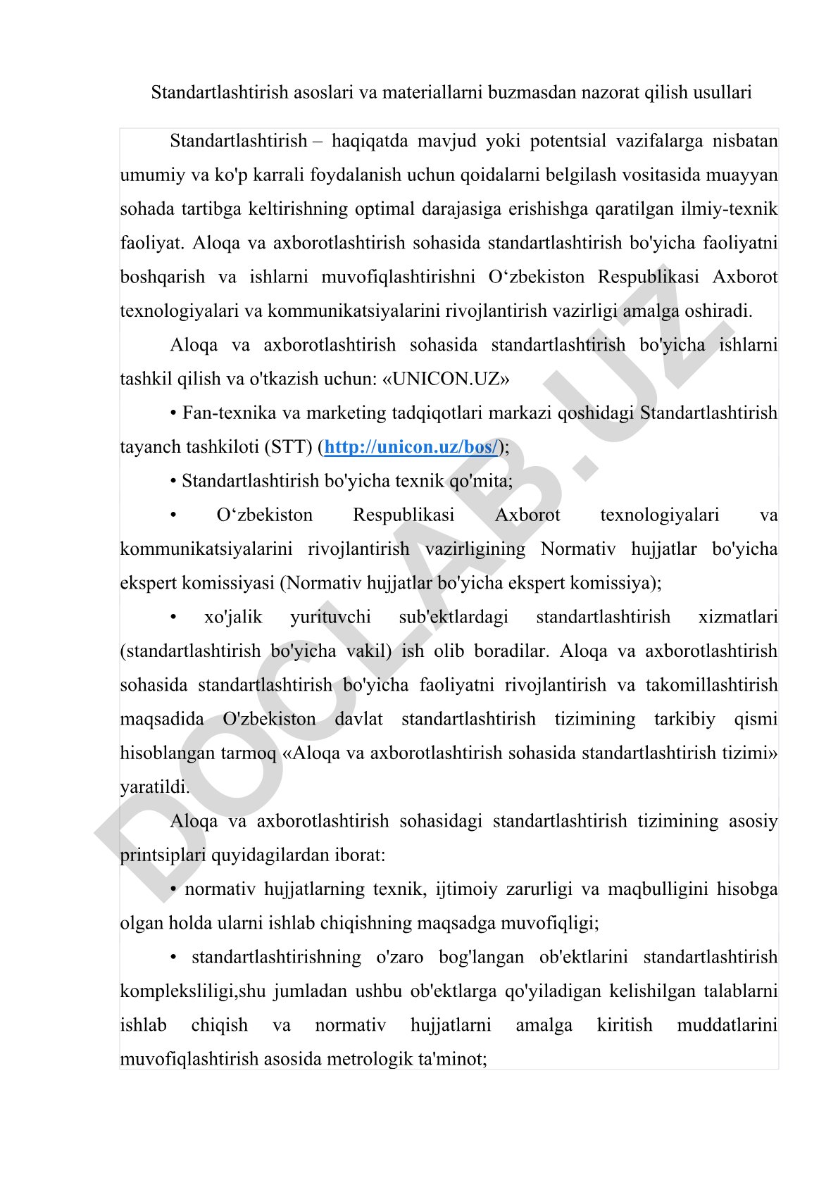 Standartlashtirish asoslari va materiallarni nazorat qilish usullari