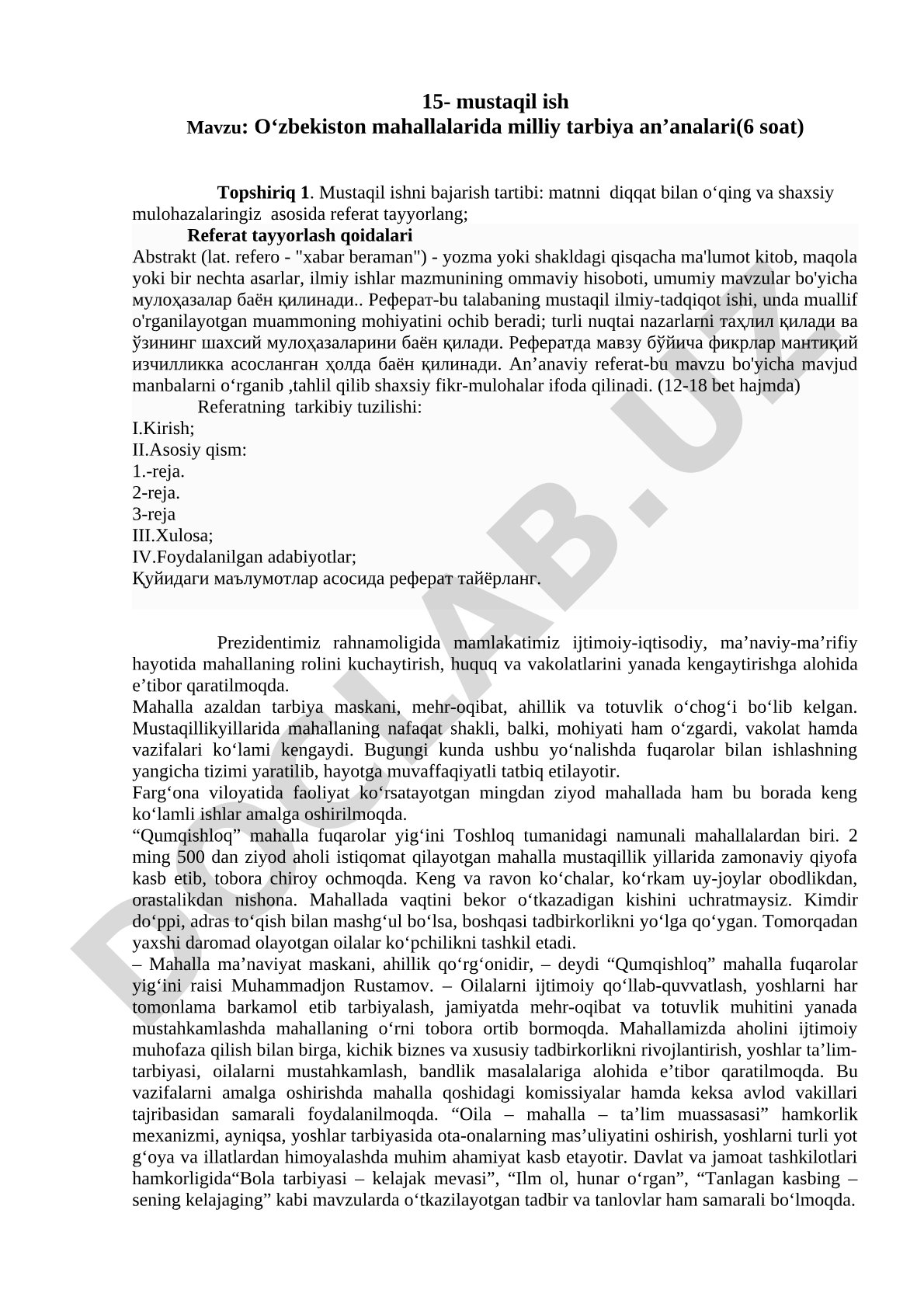 O‘zbekiston mahallalarida milliy tarbiya an’analari