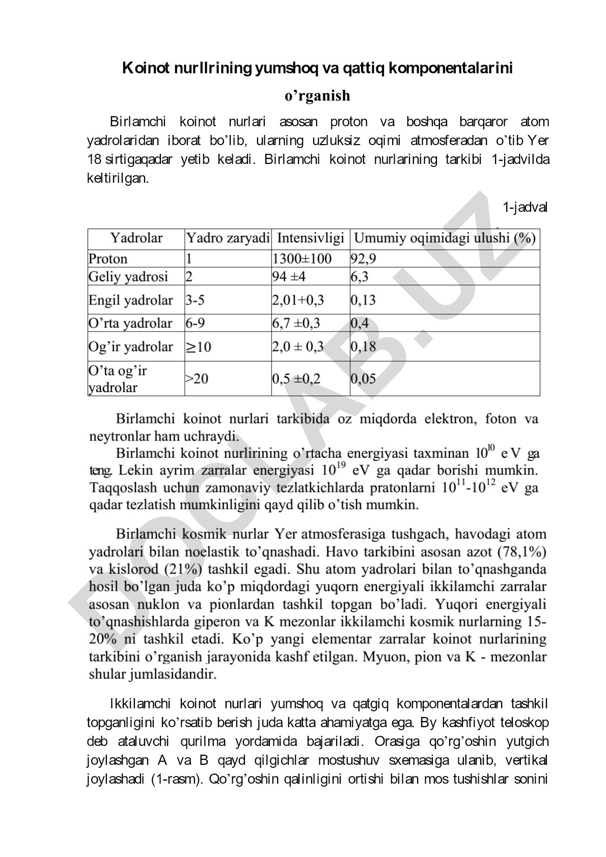 Koinot nurlarining yumshoq va qattiq komponentalarini o'rganish