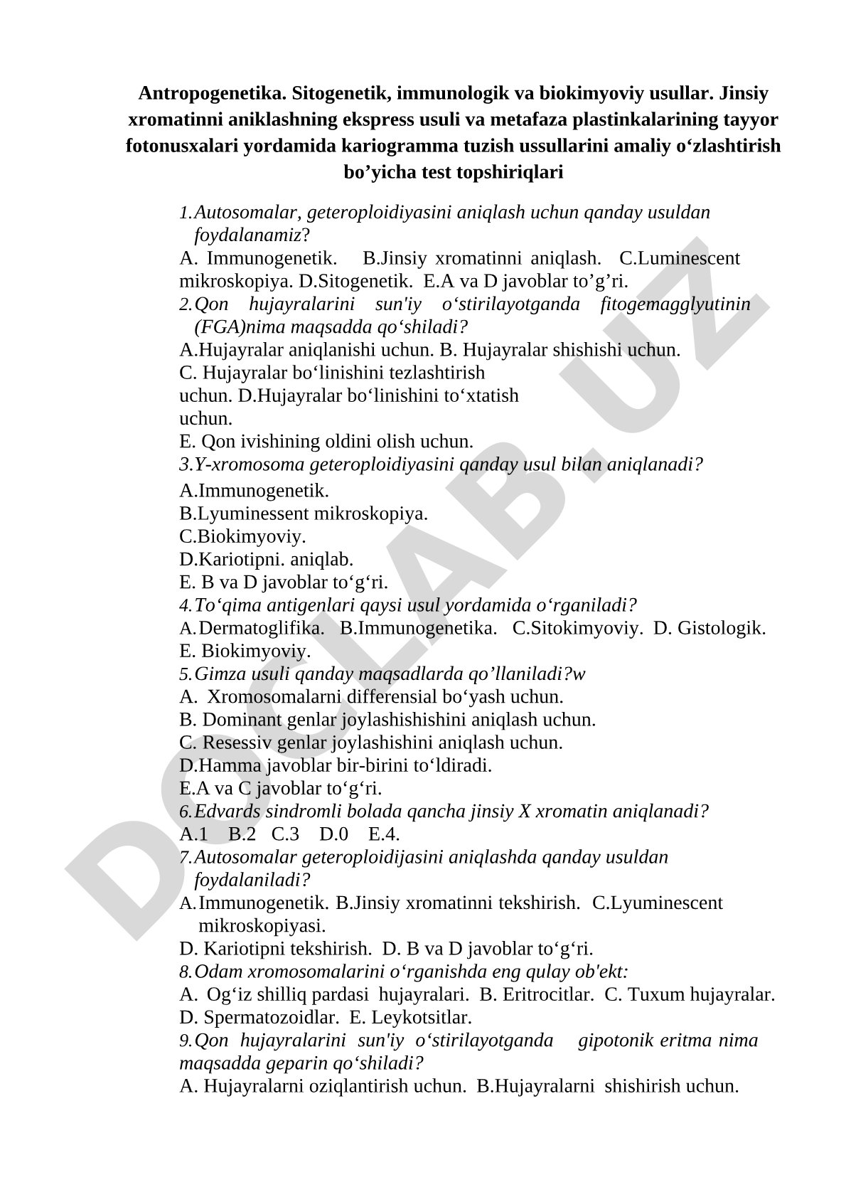 Antropogenetika: sitogenetik, immunologik va biokimyoviy usullar