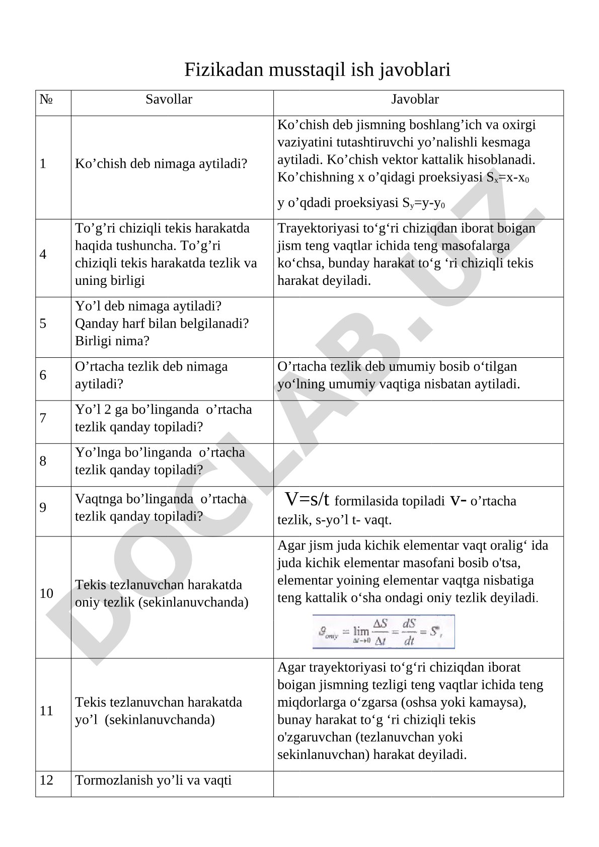 Fizikadan mustaqil ish javoblari