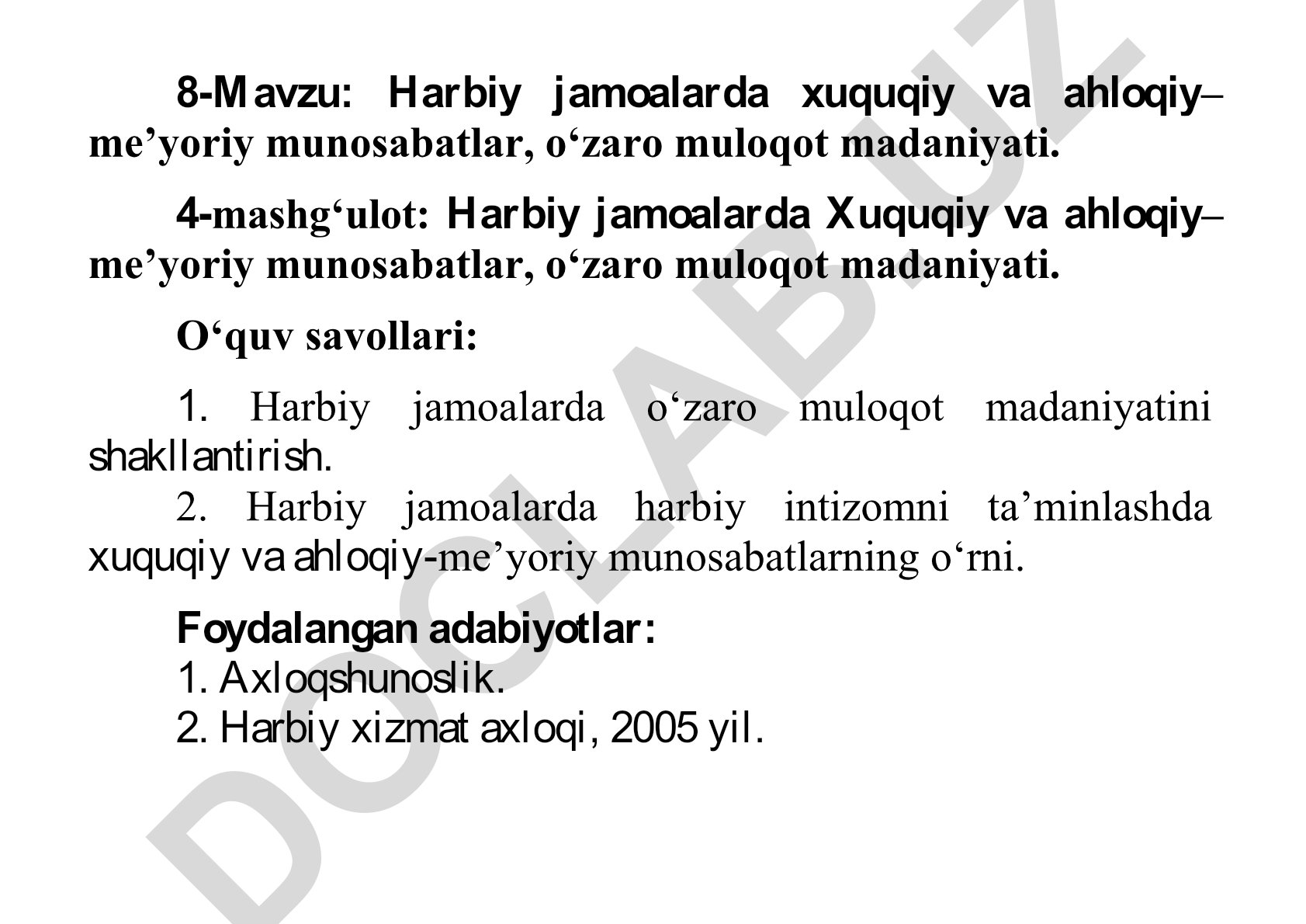 Harbiy jamoalarda xuquqiy va ahloqiy-me’yoriy munosabatlar, o‘zaro muloqot madaniyati