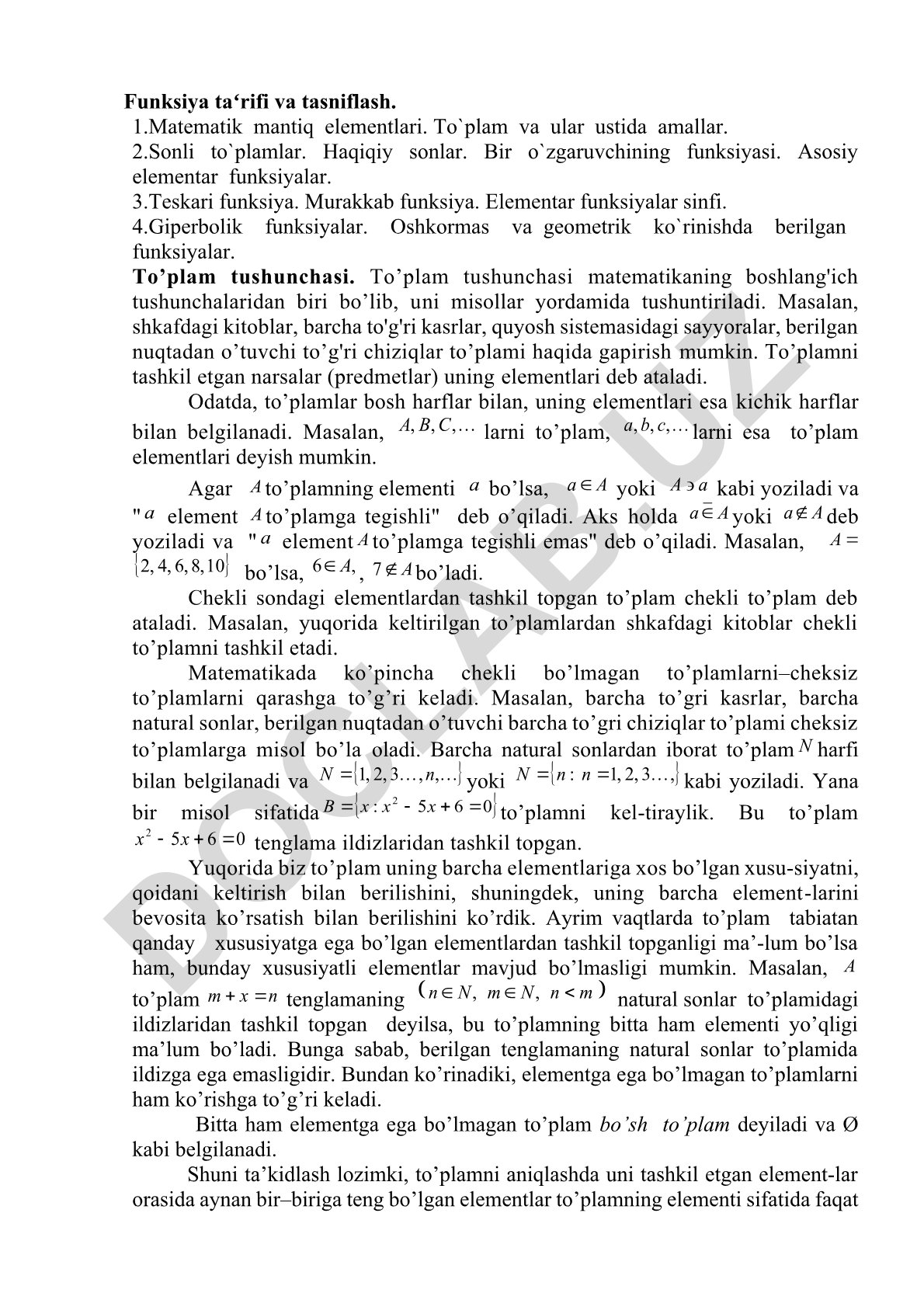 Funksiya taʻrifi va tasniflash. Matematik mantiq elementlari va toʻplamlar