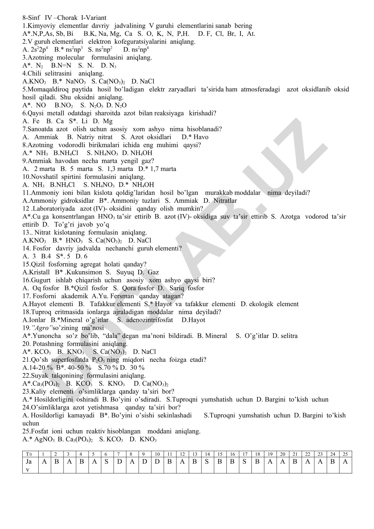 8-sinf kimyo fanidan test savollari