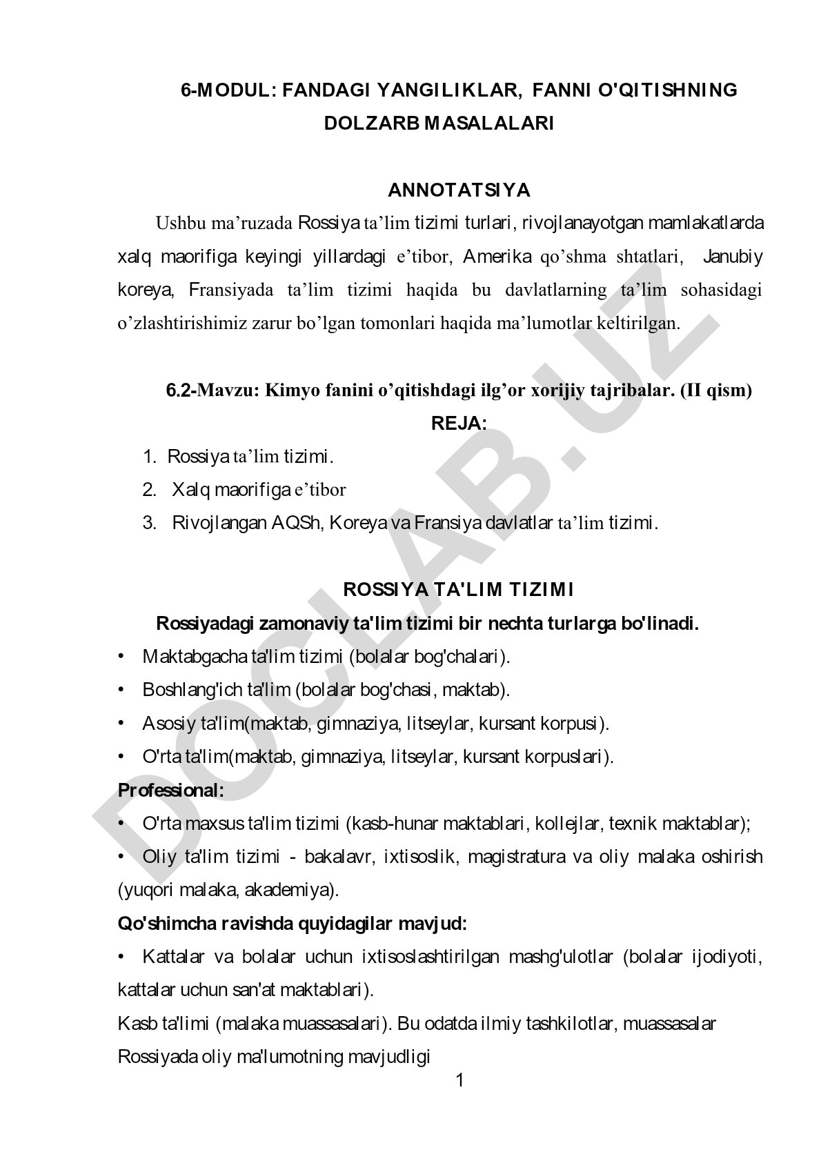 Kimyo fanini o'qitishdagi ilg'or xorijiy tajribalar va Rossiya, AQSh, Koreya, Fransiya ta'lim tizimlari