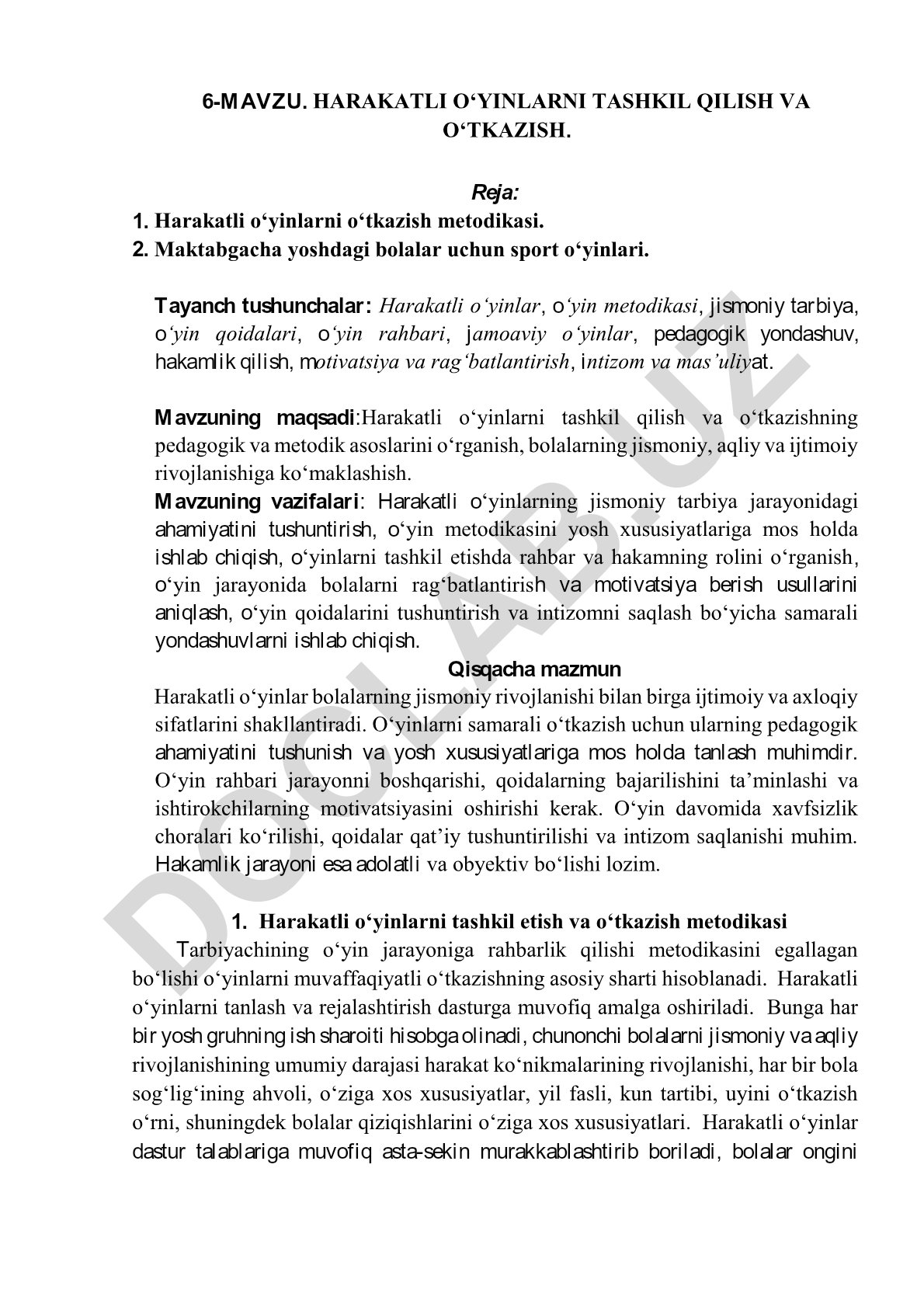 Harakatli o‘yinlarni tashkil qilish va o‘tkazish