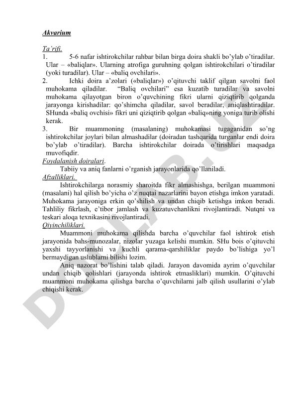 Akvarium usuli orqali o'quv jarayonida muhokama va fikrlashni rivojlantirish