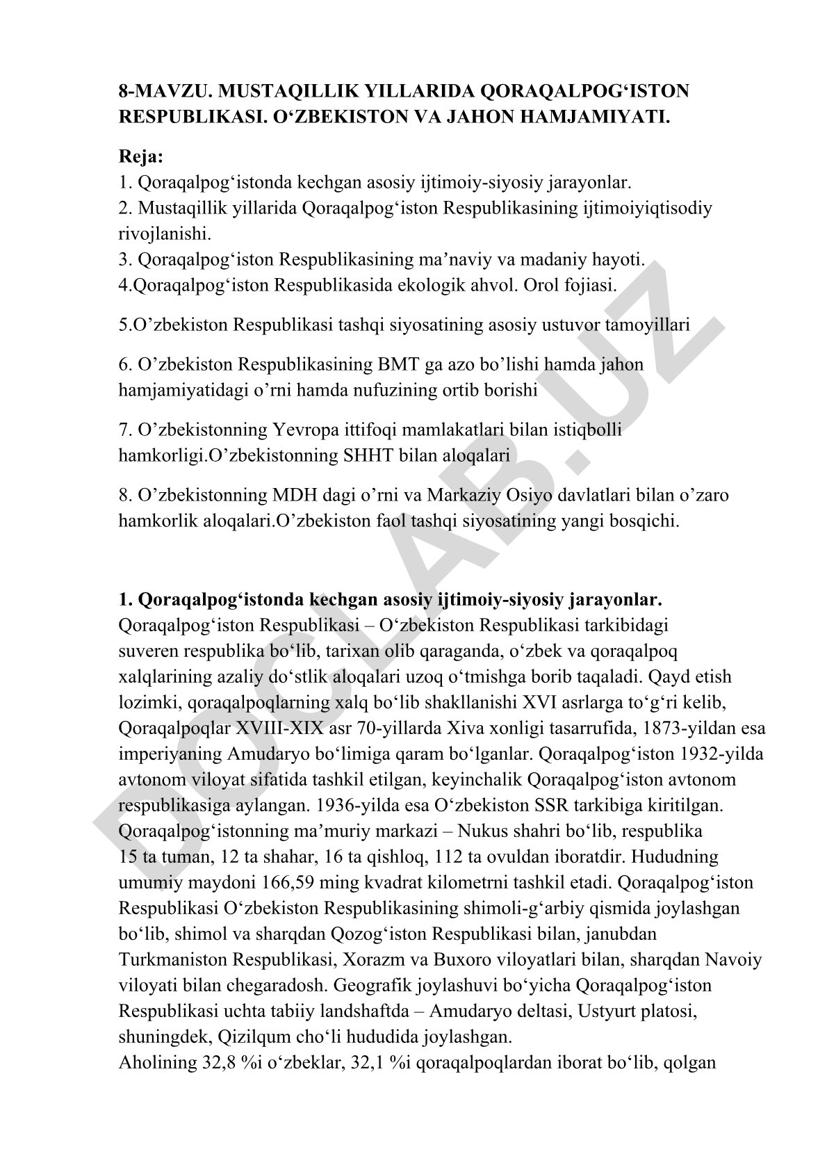 Mustaqillik yillarida Qoraqalpog'iston Respublikasi va O'zbekistonning jahon hamjamiyatidagi o'rni