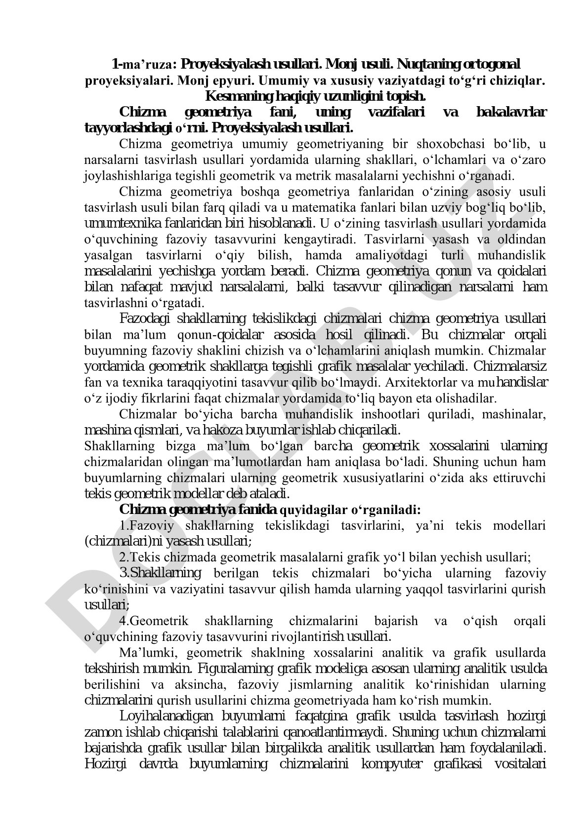 Proyeksiyalash usullari. Monj usuli. Nuqtaning ortogonal proyeksiyalari