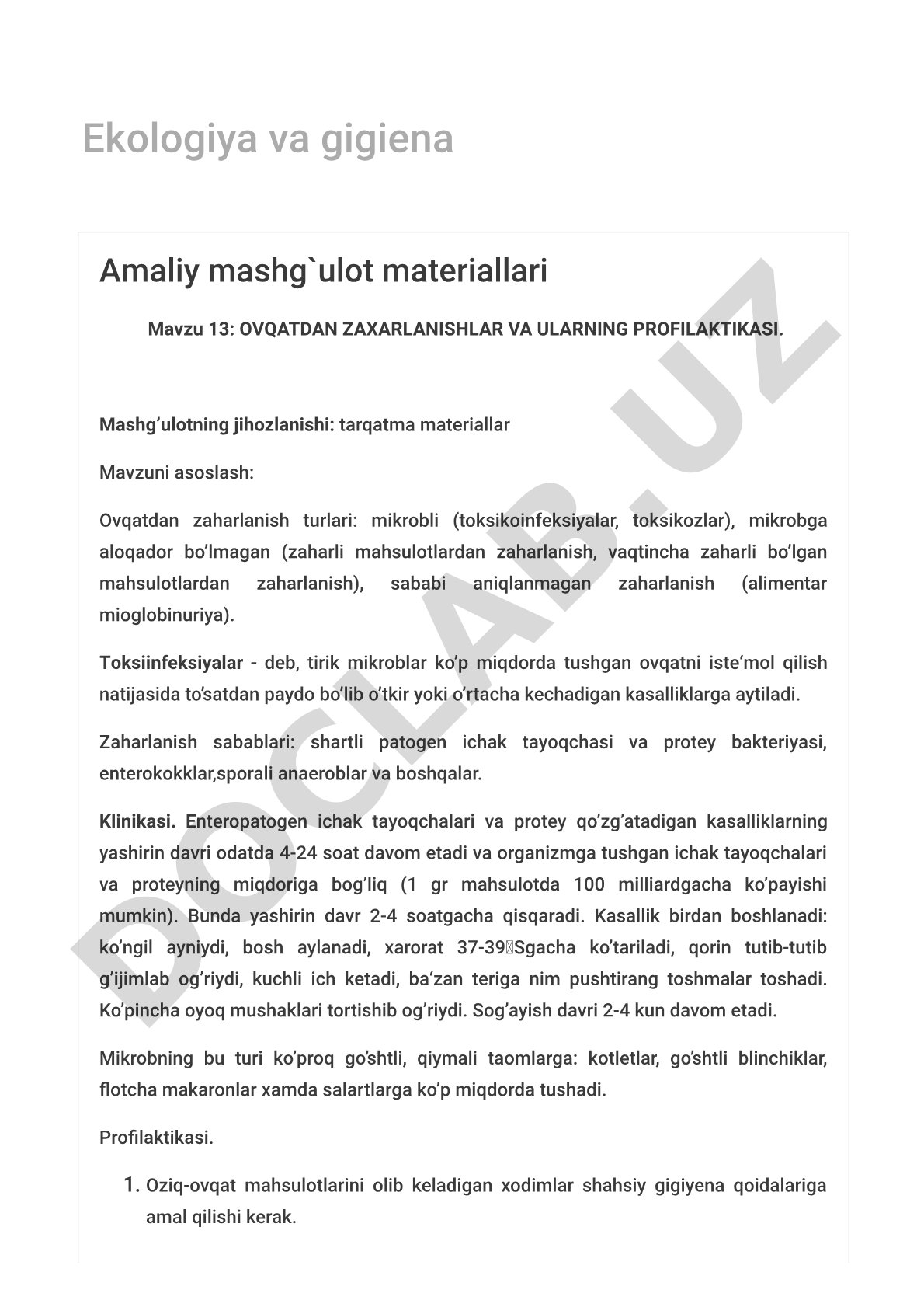 Ovqatdan zaharlanishlar va ularning profilaktikasi