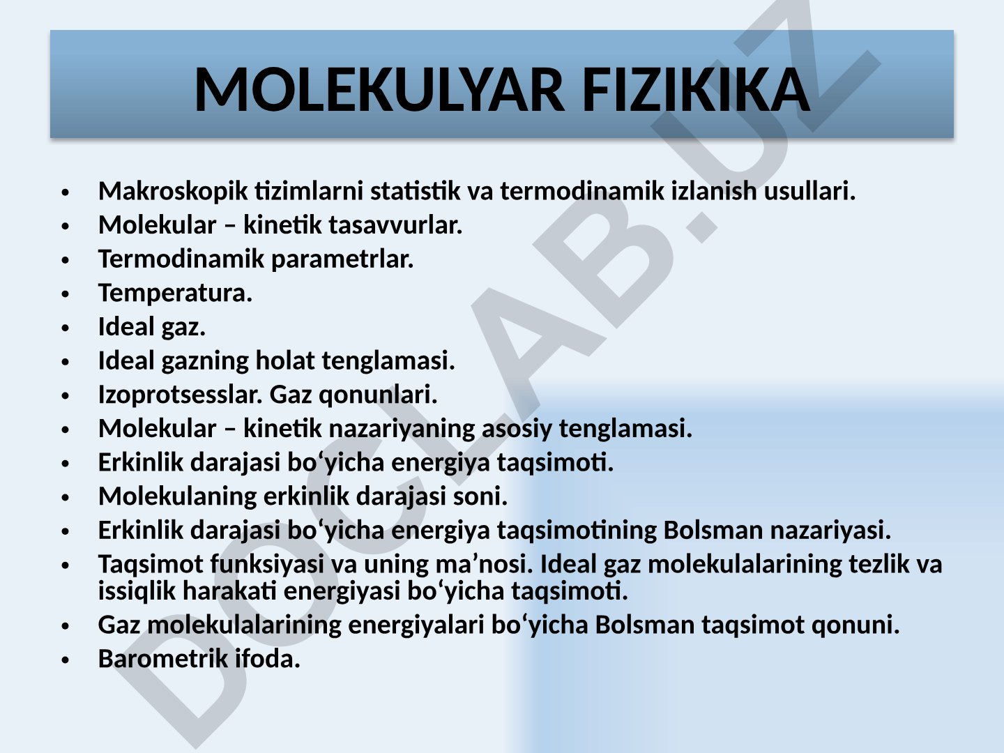 Molekulyar fizika: statistik va termodinamik izlanish usullari
