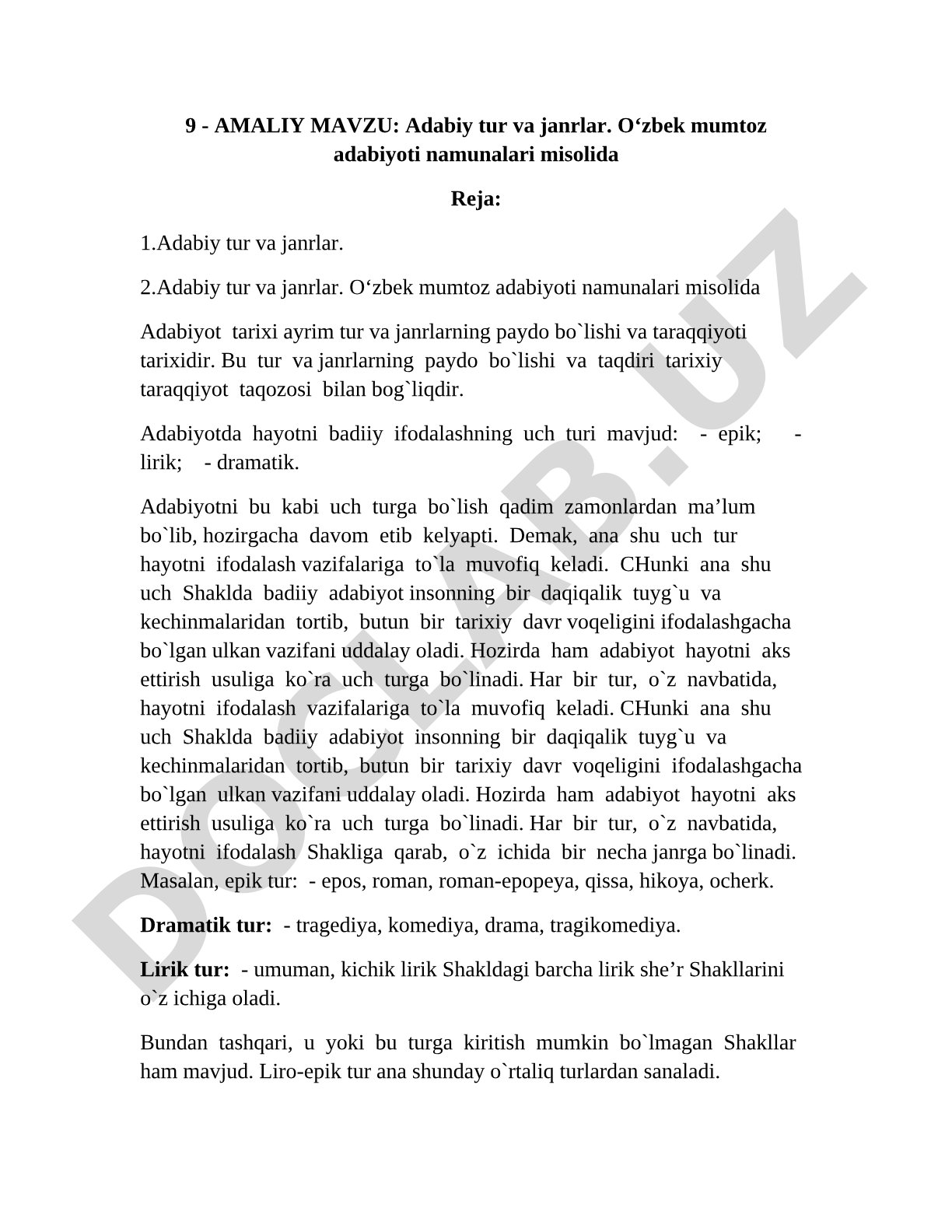 Adabiy tur va janrlar. O‘zbek mumtoz adabiyoti namunalari misolida
