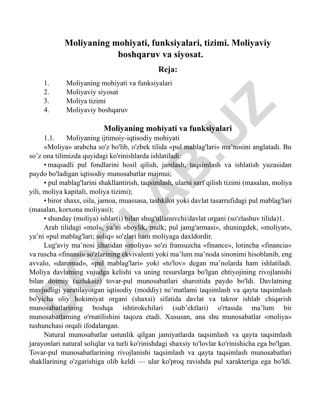 Moliyaning mohiyati, funksiyalari, tizimi va boshqaruvi