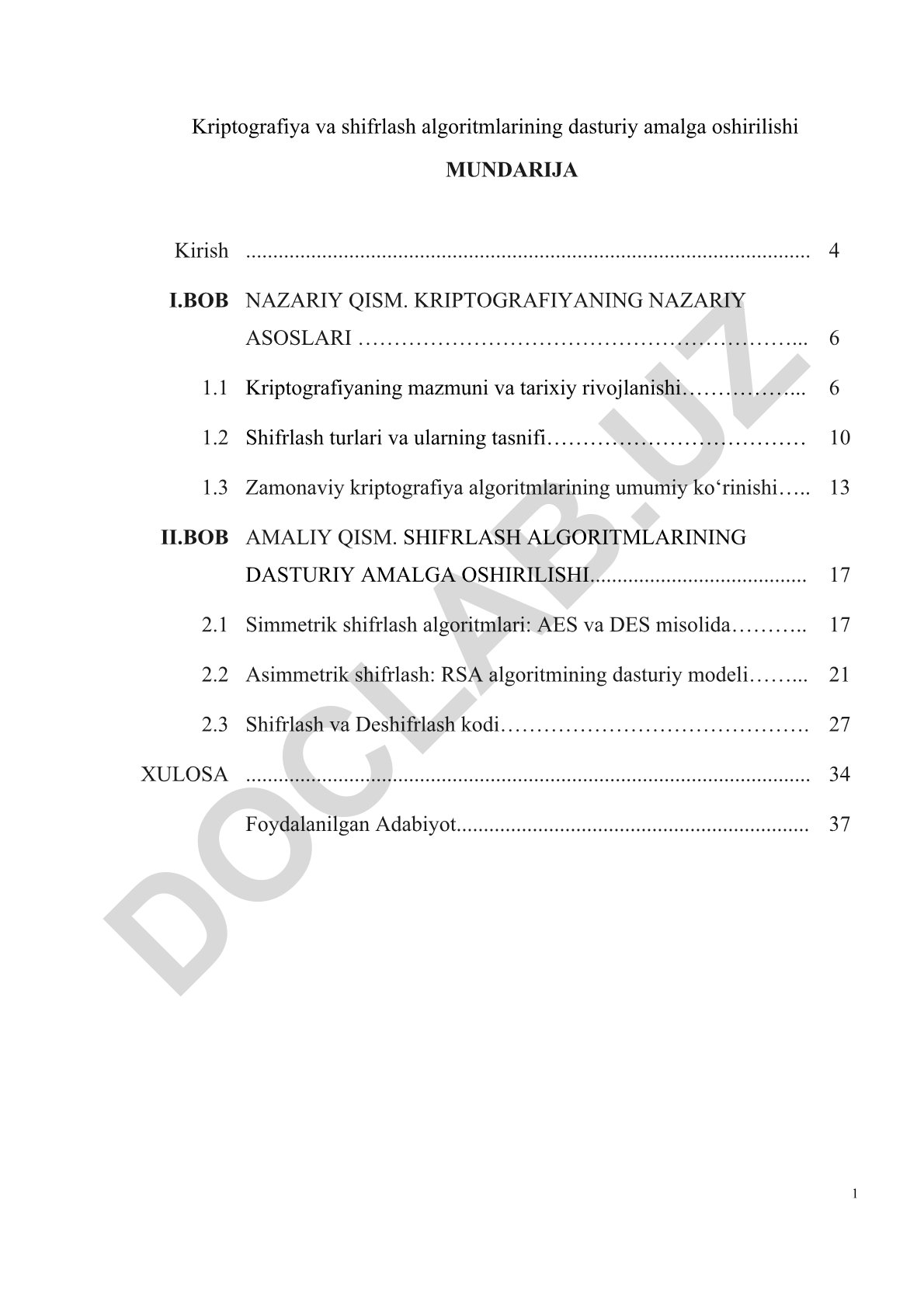 Kriptografiya va shifrlash algoritmlarining dasturiy amalga oshirilishi