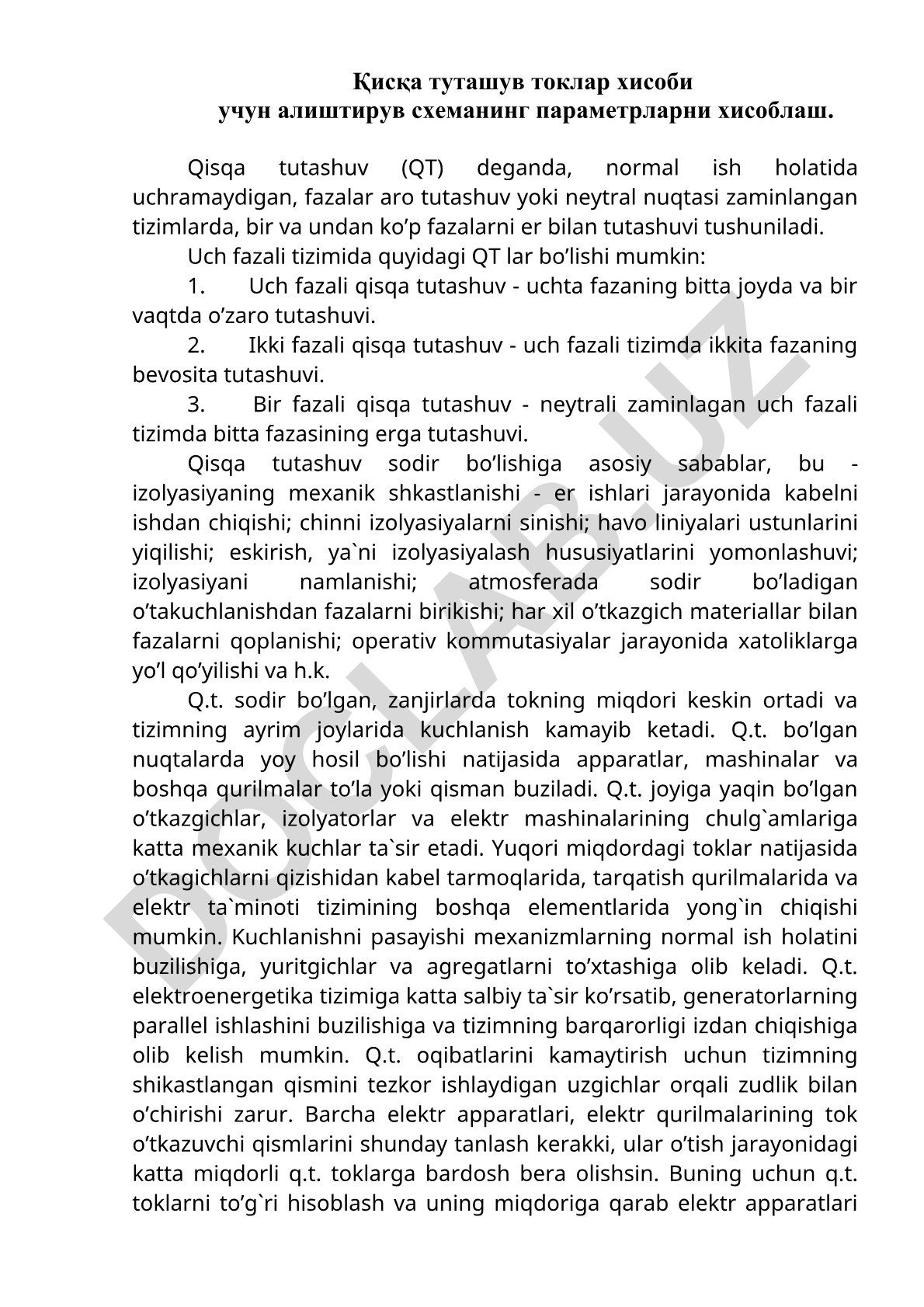 Qisqa tutashuv tok hisobi uchun alishtiruv sxemasi parametrlari