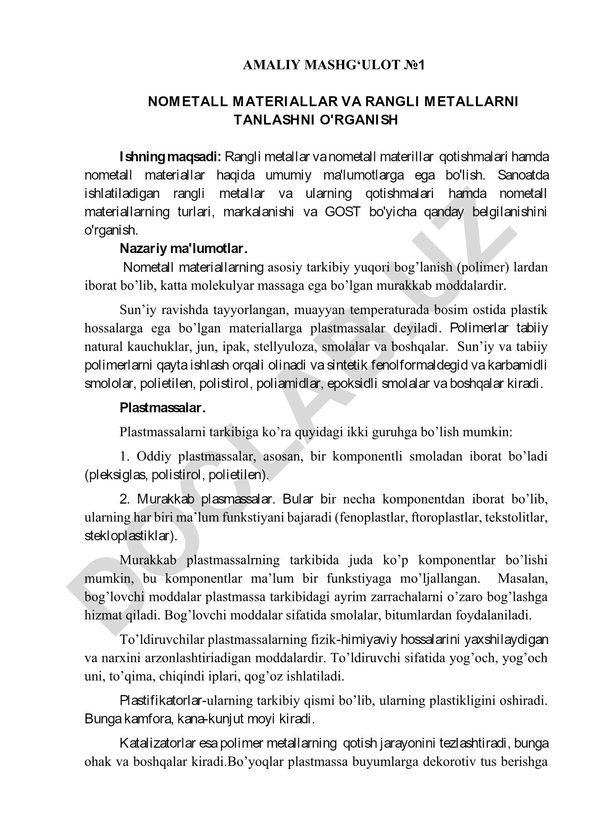 Nometall materiallar va rangli metallarni tanlashni o'rganish