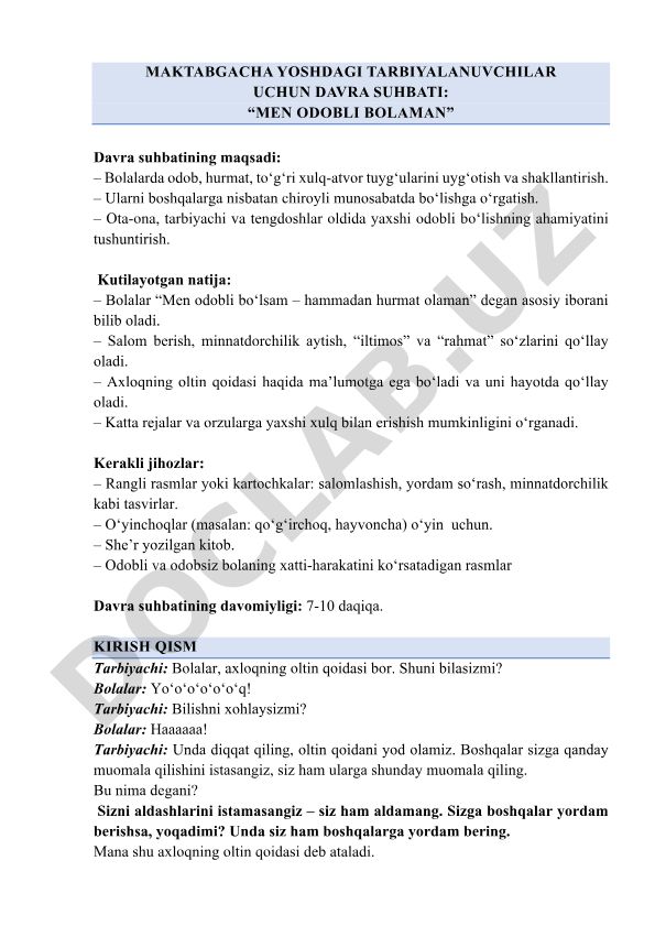Maktabgacha yoshdagilar uchun odobli bo'lish haqida davra suhbati
