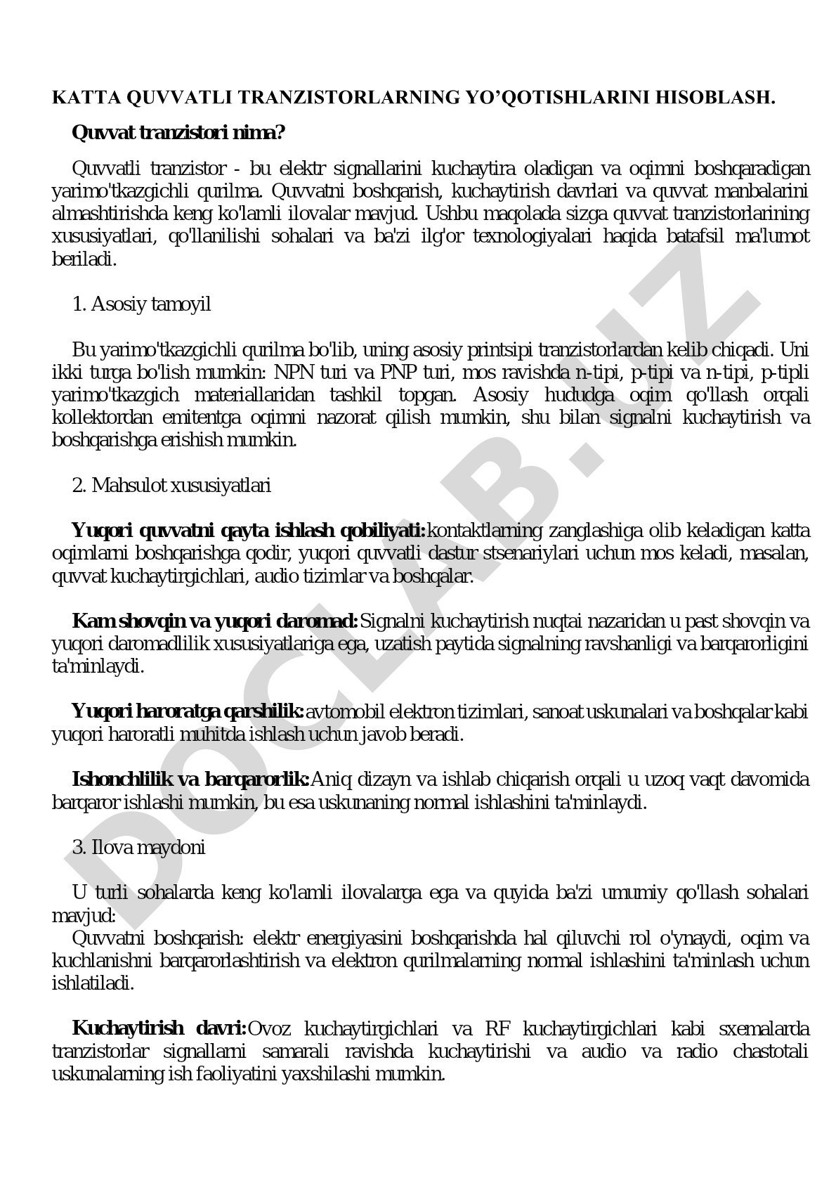Katta quvvatli tranzistorlarning yo'qotishlarini hisoblash
