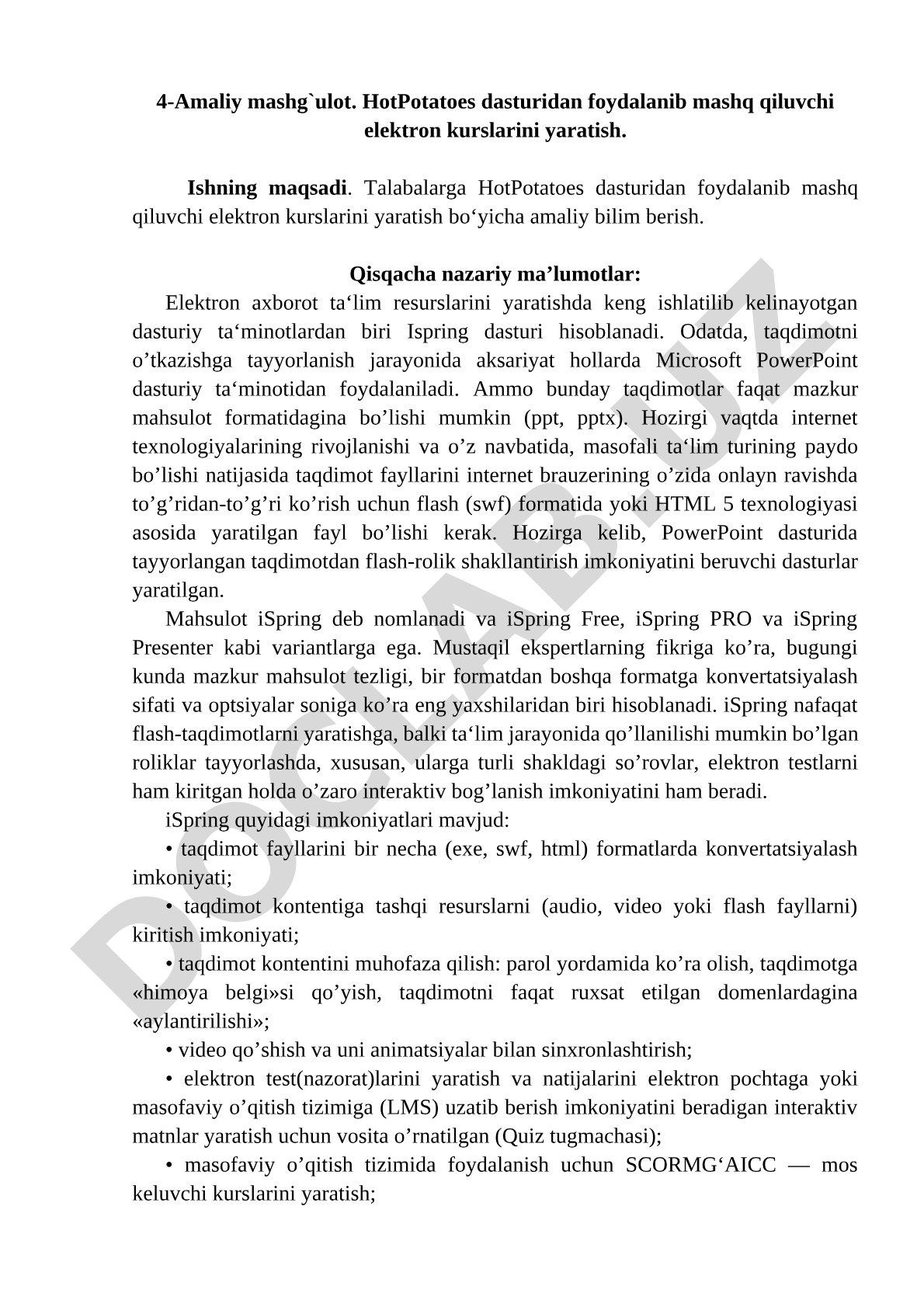 HotPotatoes dasturidan foydalanib mashq qiluvchi elektron kurslarini yaratish