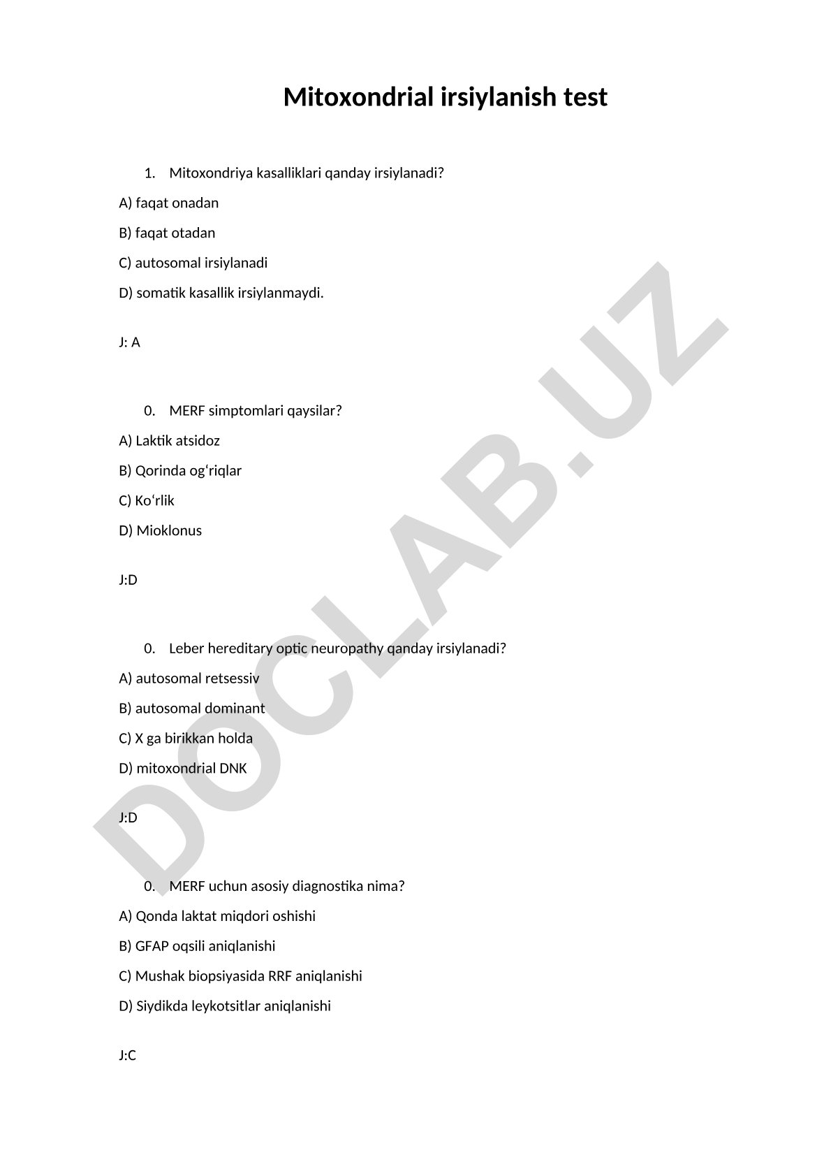 Mitoxondrial irsiylanish test savollari va javoblari