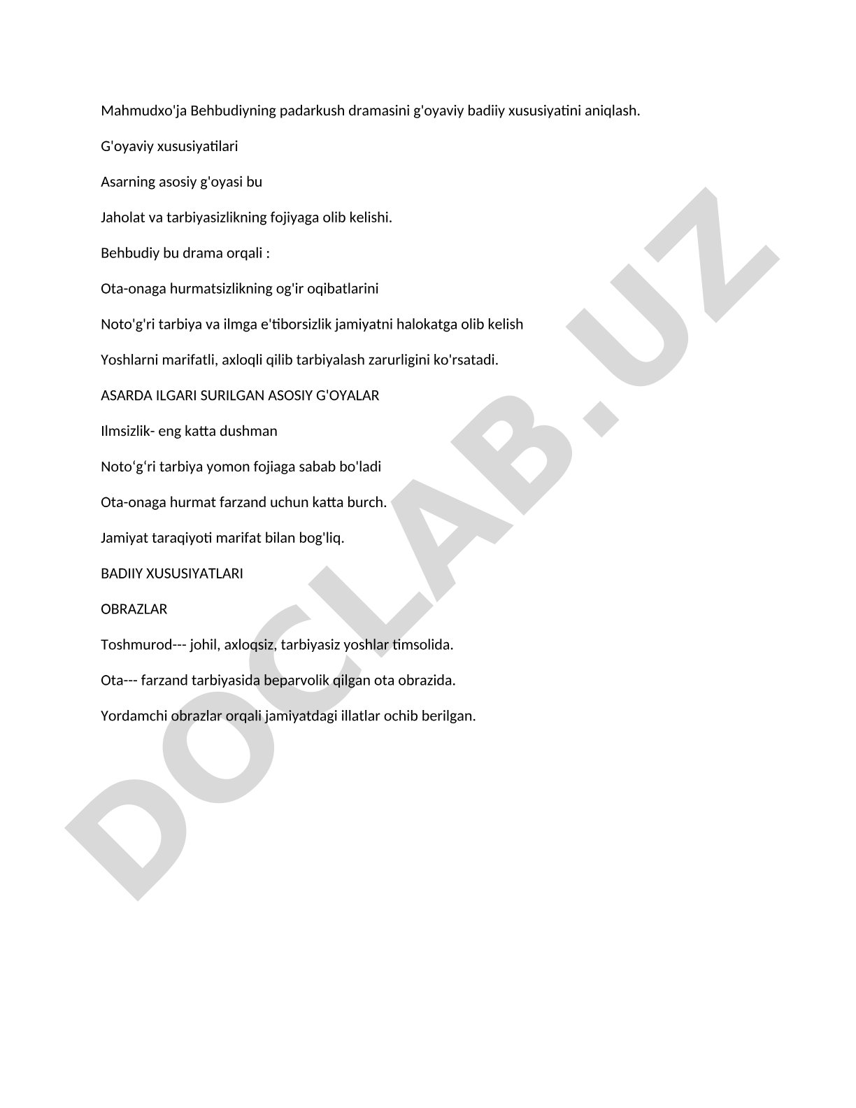 Mahmudxo'ja Behbudiyning padarkush dramasini g'oyaviy badiiy xususiyatini aniqlash