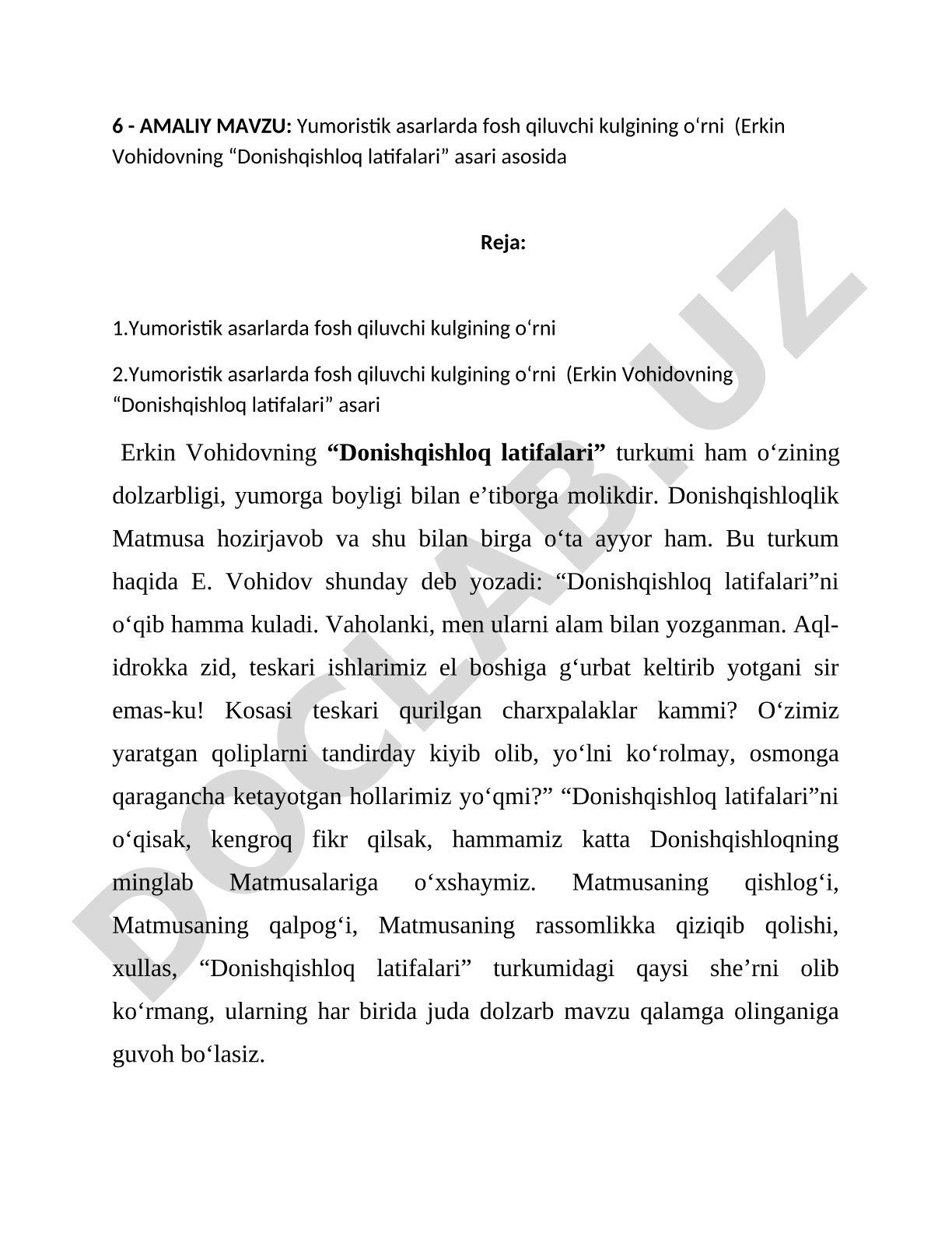 Yumоristik аsаrlаrdа fоsh qiluvchi kulgining o‘rni (Erkin Vоhidоvning “Dоnishqishlоq lаtifаlаri” аsаri аsоsidа)