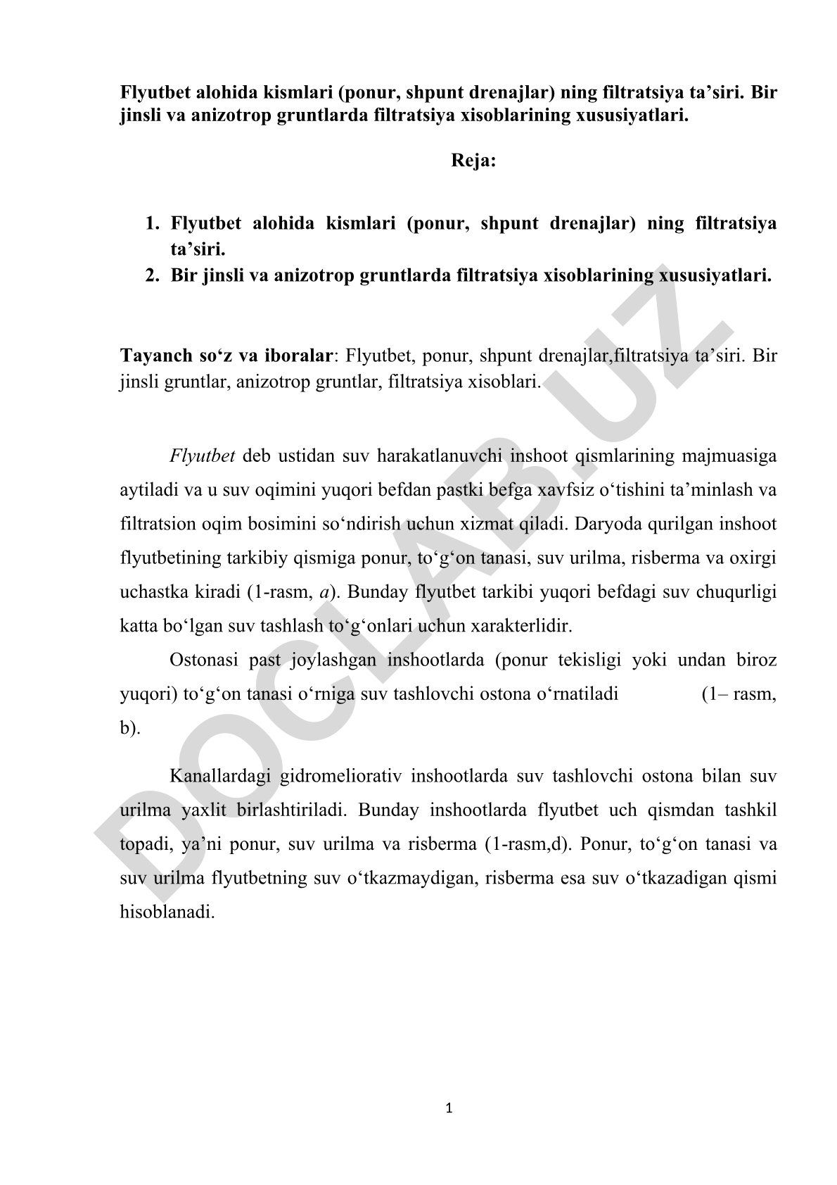Flyutbet alohida kismlari (ponur, shpunt drenajlar) ning filtratsiya ta'siri va filtratsiya xisoblarining xususiyatlari