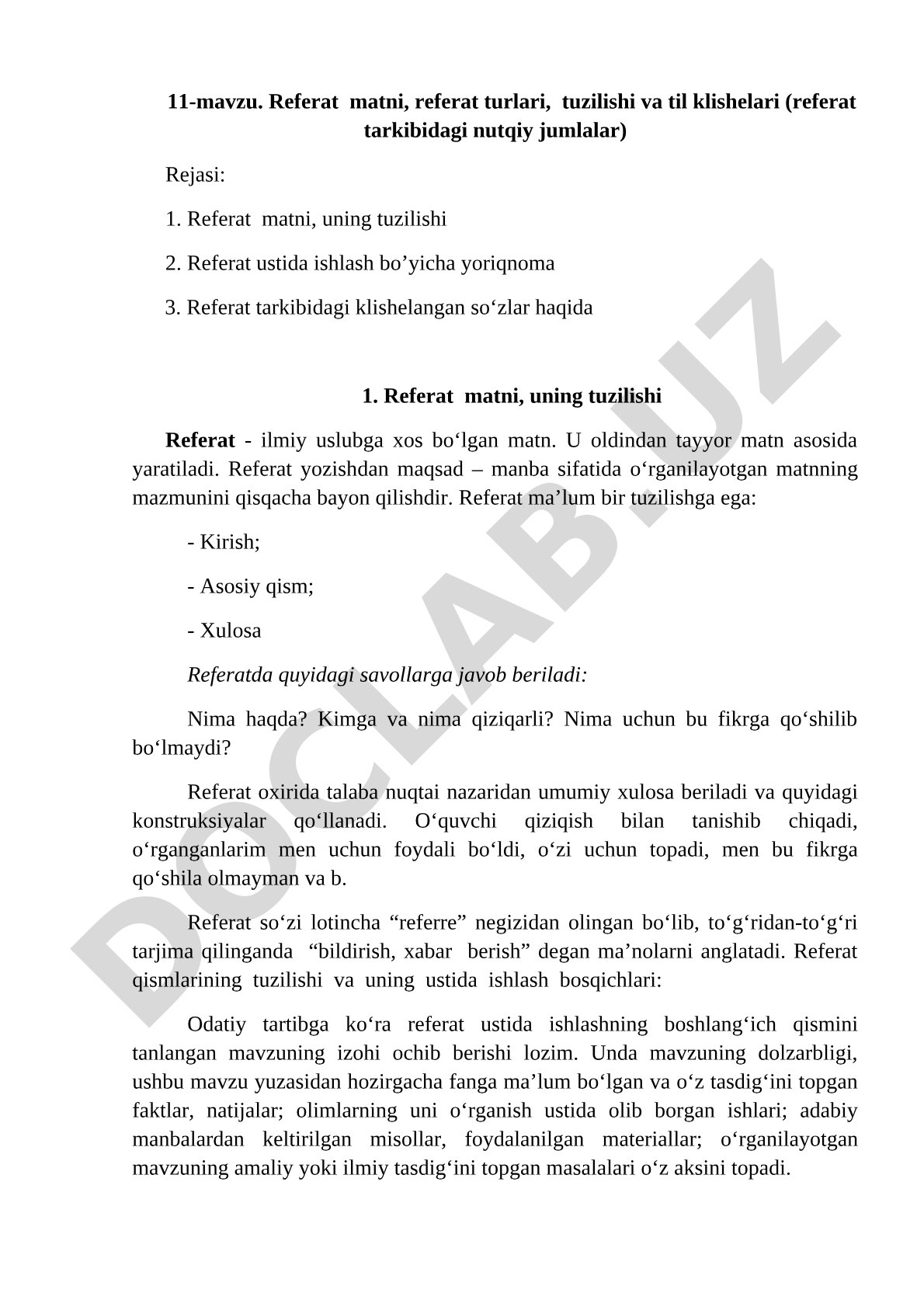 Referat matni, referat turlari, tuzilishi va til klishelari