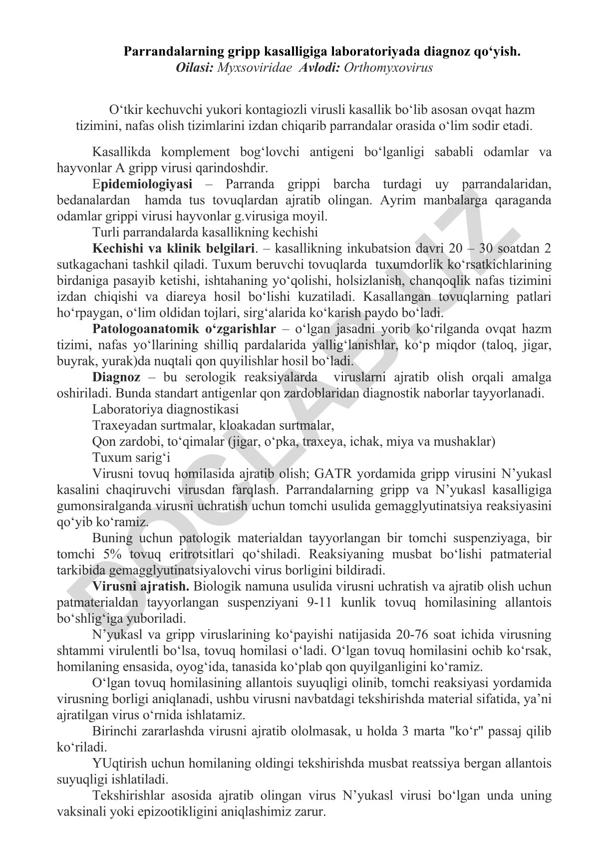 Parrandalarning gripp kasalligiga laboratoriyada diagnoz qo'yish
