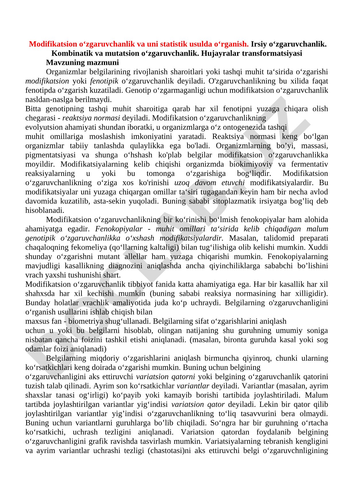Modifikatsion o‘zgaruvchanlik va uni statistik usulda o‘rganish