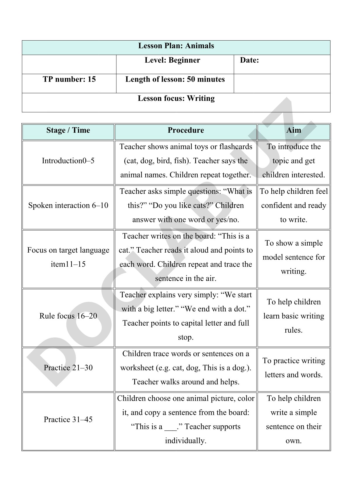 Animals Lesson Plan for Beginners
