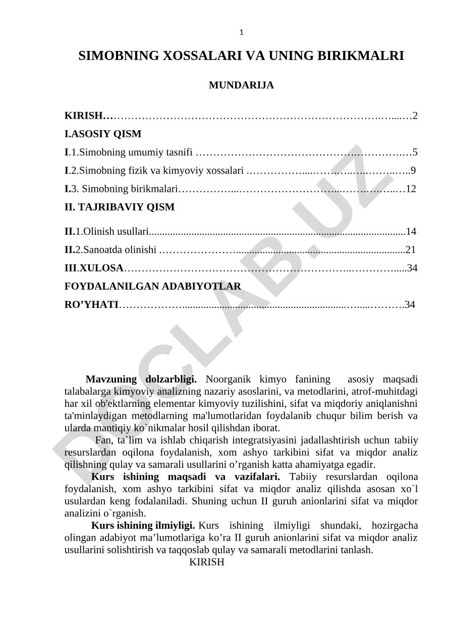 Simobning xossalari va uning birikmalari