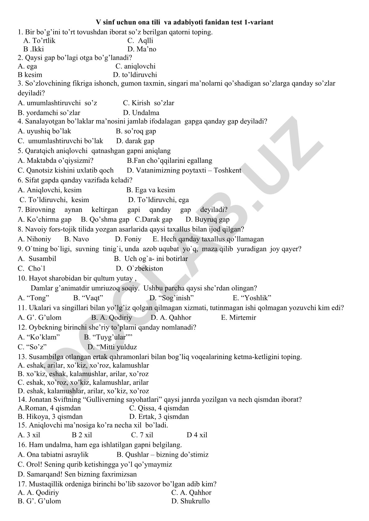 V sinf ona tili va adabiyoti fanidan test savollari